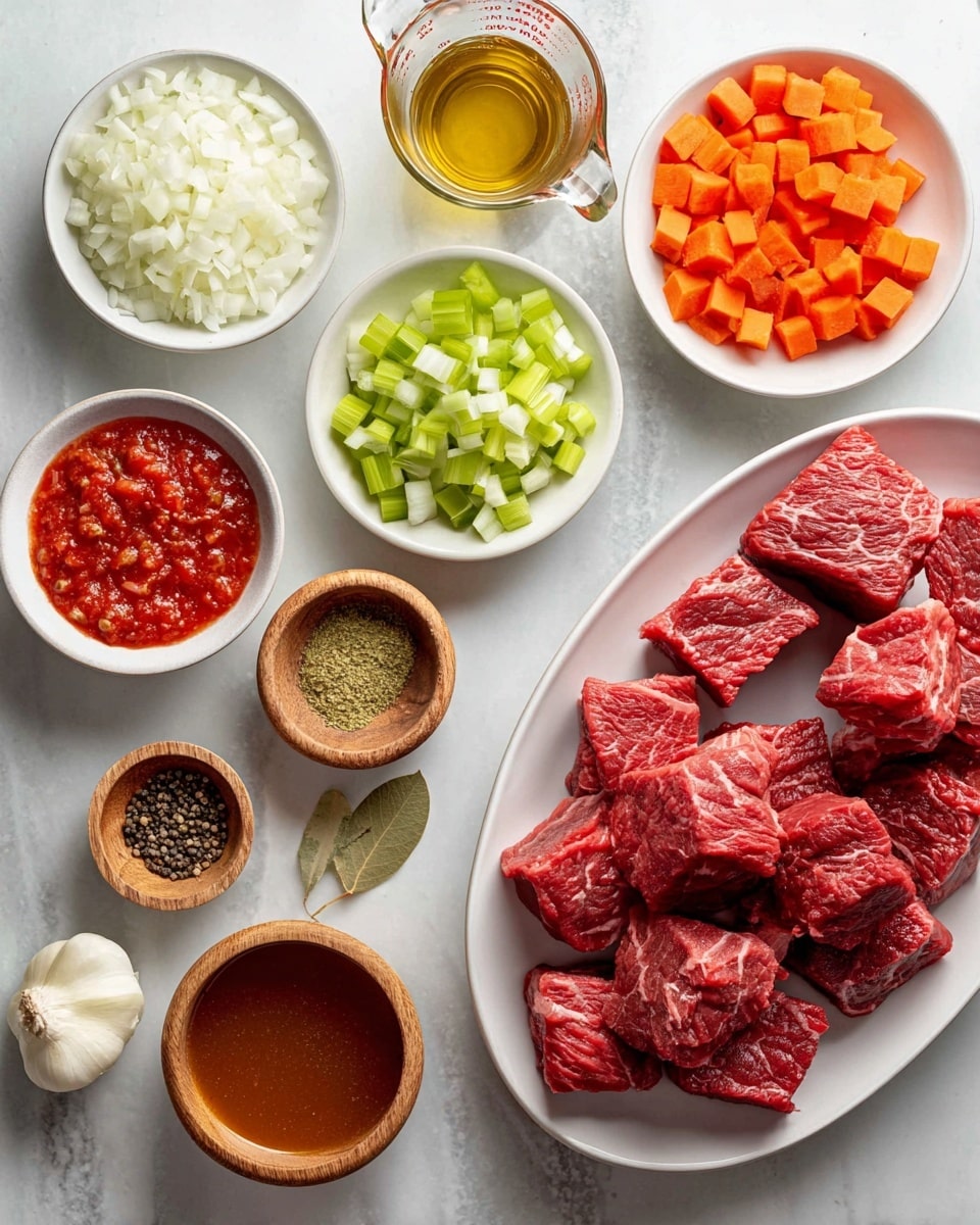 The image shows an overhead view of ingredients neatly arranged on a white marbled surface. On the right side, there is a white oval plate holding several thick red pieces of raw beef with visible marbling. Around it are small white bowls and wooden cups containing various ingredients: diced green celery, finely chopped white onions, minced garlic with dried herbs and a bay leaf, a rich red tomato paste, bright orange diced carrots in a wooden bowl, black pepper, salt, and a small bowl of yellow oil. There is also a glass measuring cup with a brownish liquid and a white bowl with diced tomatoes or tomato sauce. Each ingredient is placed separately, showcasing a clean and organized layout. photo taken with an iphone --ar 4:5 --v 7
