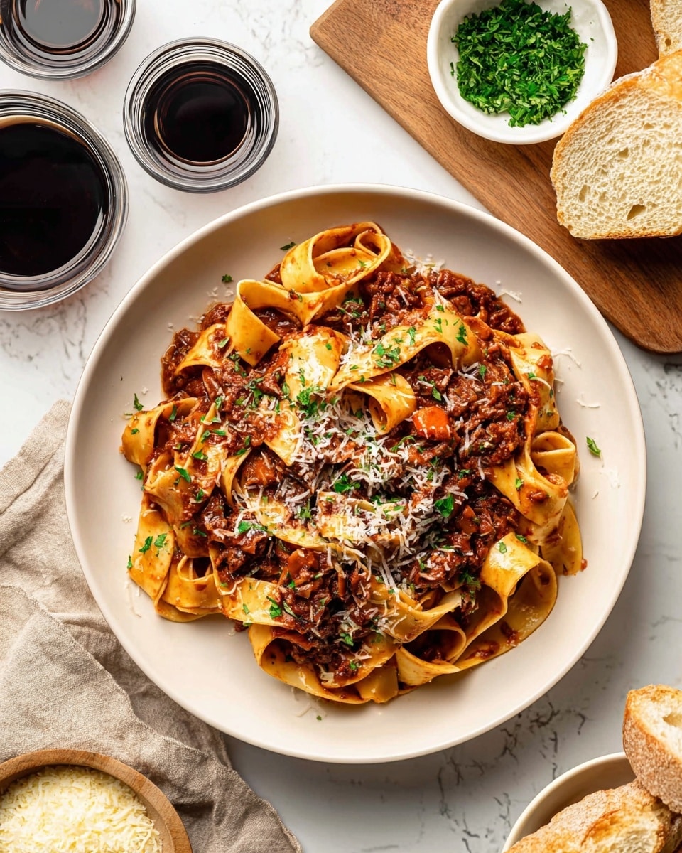 A white deep plate holds a serving of wide, flat pasta ribbons mixed with a chunky, dark reddish-brown meat sauce that has small bits of carrot and herbs. The pasta is twisted and layered thickly with sauce coating each piece, topped with a light dusting of grated cheese and sprinkled chopped green parsley. Around the plate is a white marbled surface with two small clear glass bowls filled with a dark liquid on the upper left, a small white bowl of fresh chopped herbs on a wooden board on the upper right, and slices of light brown bread leaning on the wooden board. In the bottom left nearby is a small white bowl filled with grated cheese. A woman's hand is next to the bottom left, resting on a beige cloth napkin. photo taken with an iphone --ar 4:5 --v 7