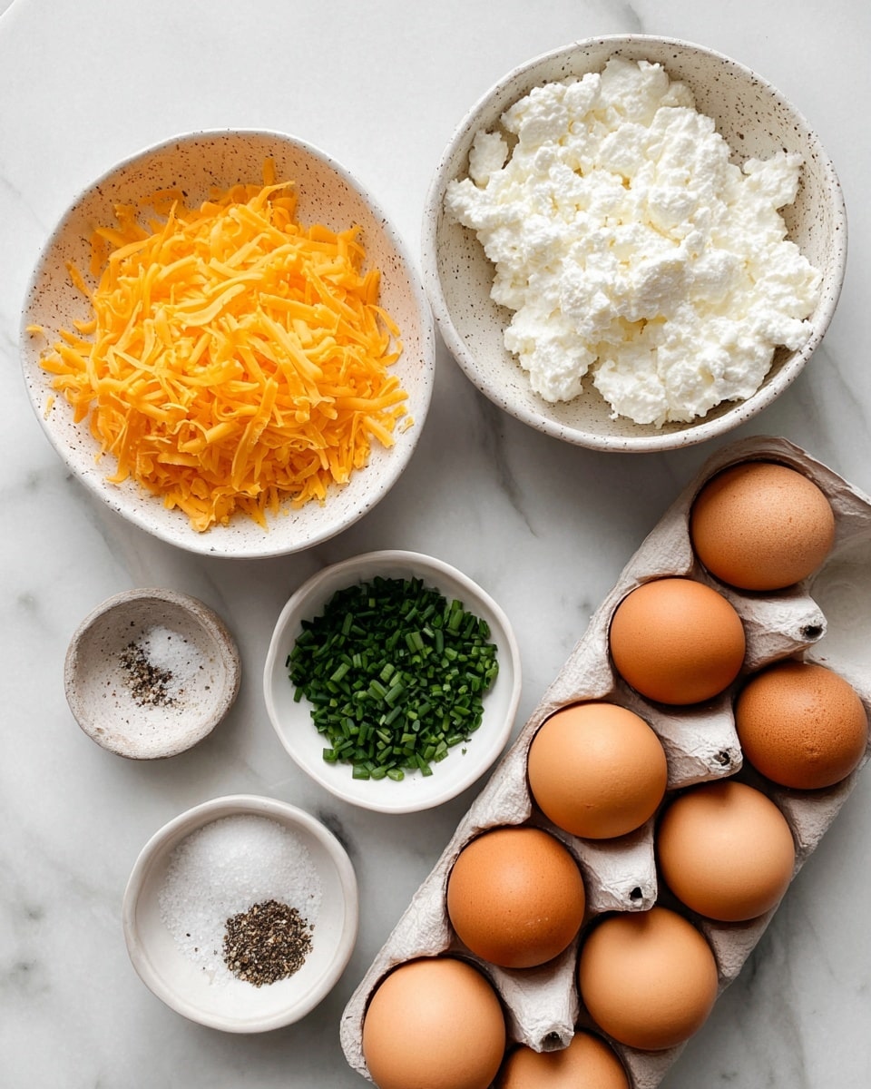 The image shows several ingredients arranged on a white marbled surface, starting with a white speckled bowl filled with bright orange shredded cheese at the top right. Below it is another white speckled bowl containing lumpy, white cottage cheese. To the right, there is an open carton holding brown eggs with a slightly speckled texture, arranged neatly in two rows. Near the bottom center, a small white dish holds finely chopped green chives. On the lower left corner, two tiny white speckled bowls contain salt and black pepper, each with a distinct grainy texture. All items are clean and displayed in an orderly way. photo taken with an iphone --ar 4:5 --v 7