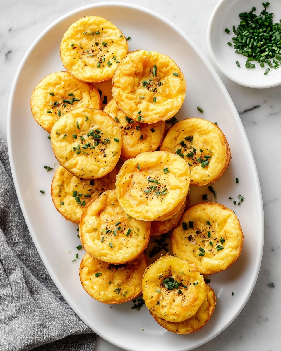 A white oval plate holds eleven small, round, golden-yellow egg muffins arranged closely together, some standing upright while others lean slightly; each muffin is topped with small green chive pieces scattered evenly, with a light sprinkle of coarse salt and black pepper adding texture. The muffins have a slightly puffy, soft texture with lightly browned edges and tops that show subtle air pockets. The plate is set on a white marbled surface, with a small white dish of more chopped chives placed in the top right corner of the image, and a gray cloth partially visible on the left edge. photo taken with an iphone --ar 4:5 --v 7