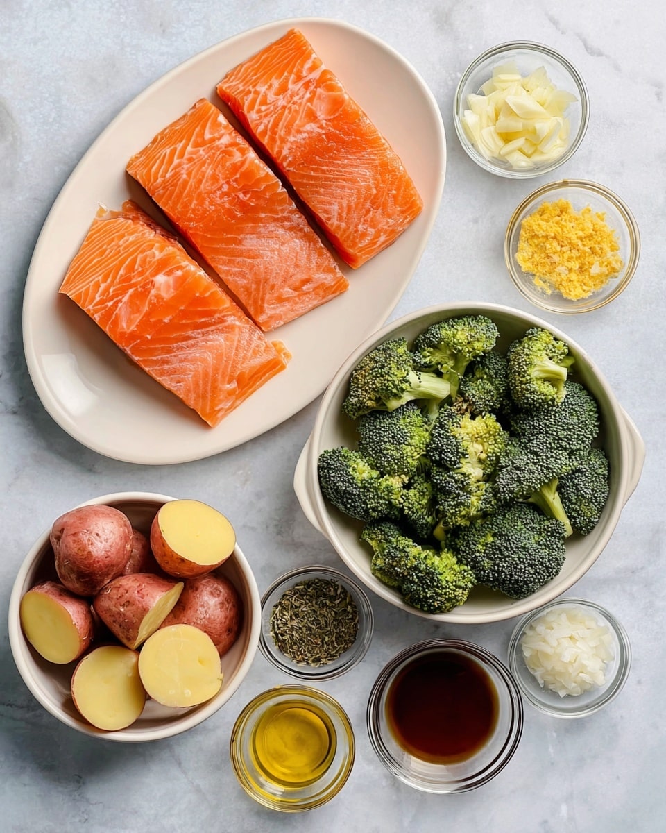 The image shows an overhead view of fresh ingredients arranged on a white marbled surface. On an oval white plate, there are four pieces of bright orange salmon fillets with smooth textures and visible white lines. Below the plate, two white bowls hold fresh broccoli florets that are dark green with a bumpy texture, and red-skinned potatoes sliced in halves showing their light yellow insides. Surrounding these are six small white and transparent bowls filled with different seasonings: finely chopped garlic, a pile of yellow lemon zest, grainy mustard, dried herbs, a golden oil, and a dark brown liquid. The colors contrast well with the white marbled surface, creating a clean and fresh look. Photo taken with an iphone --ar 4:5 --v 7