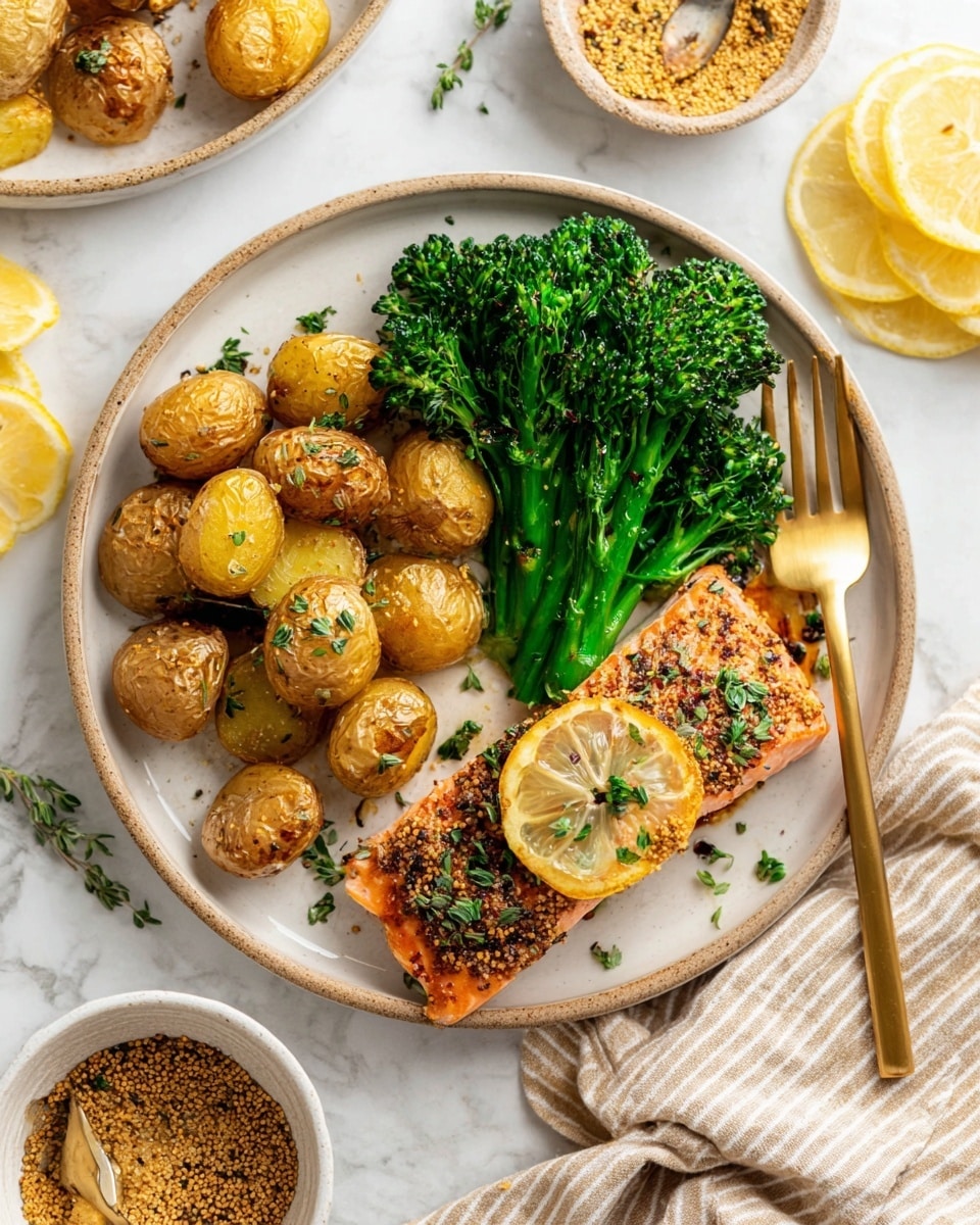 A white round plate holds a meal with three main parts: on the left side, there is a pile of roasted small potatoes, golden brown with a crispy texture and some small green herb leaves sprinkled on top; in the bottom center, there is a bunch of bright green steamed broccoli with small florets and tender stems; on the right side, a piece of cooked salmon covered with grainy mustard seeds and herbs sits topped with a thin lemon round slice sprinkled with fresh herbs. A gold fork rests on the left edge of the plate. The plate is on a white marbled surface with lemon wedges and a beige striped cloth nearby. In the foreground, a white bowl filled with whole grain mustard and a gold spoon is visible. The photo taken with an iphone --ar 4:5 --v 7