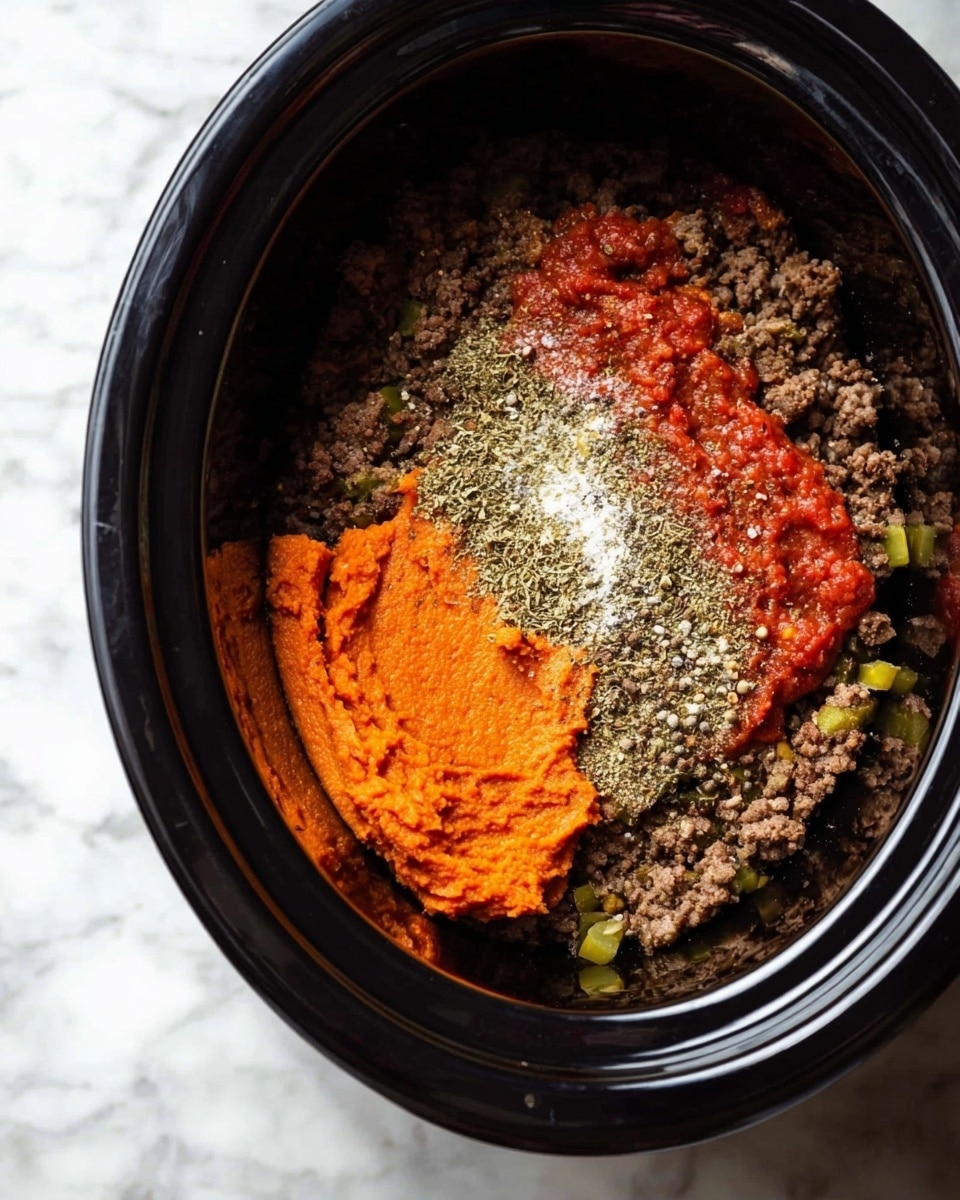 Inside a black slow cooker pot, the bottom layer is a mix of cooked brown ground meat with small green vegetable pieces scattered throughout. On top of that, there is a rounded mound of thick orange sauce or puree, smooth but slightly textured. Next to the orange puree is a bright red chunky tomato sauce layer. Over these sauces, a generous sprinkle of dried herbs and spices creates a speckled pattern with white salt crystals visible. The pot sits on a white marbled surface. photo taken with an iphone --ar 4:5 --v 7