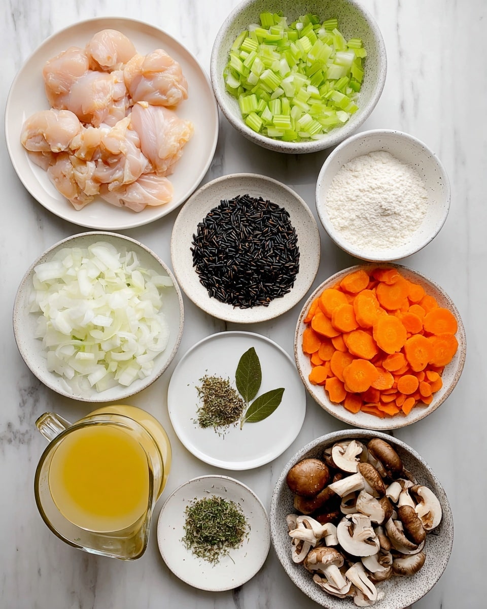 The image shows a top view of various raw ingredients neatly placed on a white marbled surface. There is a white shallow bowl on the bottom left filled with four pieces of pale pink raw chicken fillets. Above that is a white bowl with chopped light green celery. Next to it, a small round white bowl contains white flour. In the top center, a medium white bowl holds chopped white onions. To the right, a larger white bowl is filled with bright orange carrot slices. Below, a larger speckled white bowl contains black wild rice. In the middle are two small white plates with green dried herbs and two bay leaves. To the bottom right, a large white bowl is filled with chopped brown mushrooms. Next to it, a clear measuring jug is filled with white milk, and a small glass container to the lower left holds chopped fresh green parsley. A transparent jug with yellow broth stands nearby. Everything is arranged carefully in a clean, bright, and organized way. Photo taken with an iphone --ar 4:5 --v 7