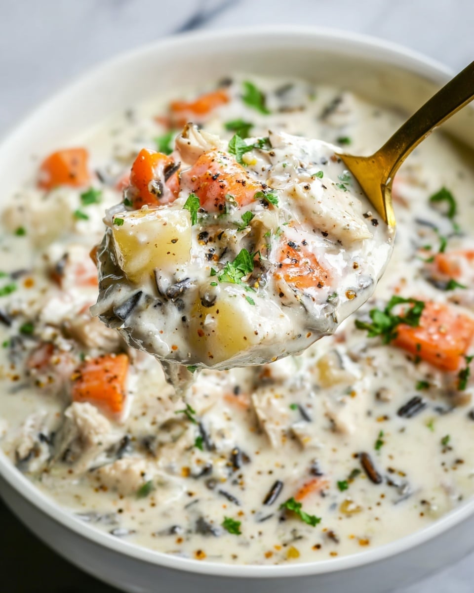 A spoon holds a thick creamy mixture filled with finely chopped white chicken pieces, bright orange carrot chunks, small pale yellow potato cubes, and bits of dark wild rice, all covered in a smooth white sauce. The mixture is sprinkled with fresh chopped green herbs and small black pepper flakes, adding a touch of color contrast. The creamy dish is set against a white marbled surface background with the spoon lifting some of the hearty stew out of a white bowl, showcasing its rich texture and mix of ingredients up close. photo taken with an iphone --ar 4:5 --v 7