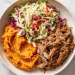 Crockpot Apple Cider Beef Bowls with Mashed Sweet Potatoes and Apple Slaw Recipe