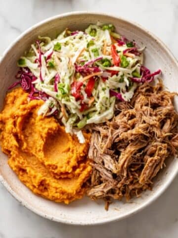 Crockpot Apple Cider Beef Bowls with Mashed Sweet Potatoes and Apple Slaw Recipe
