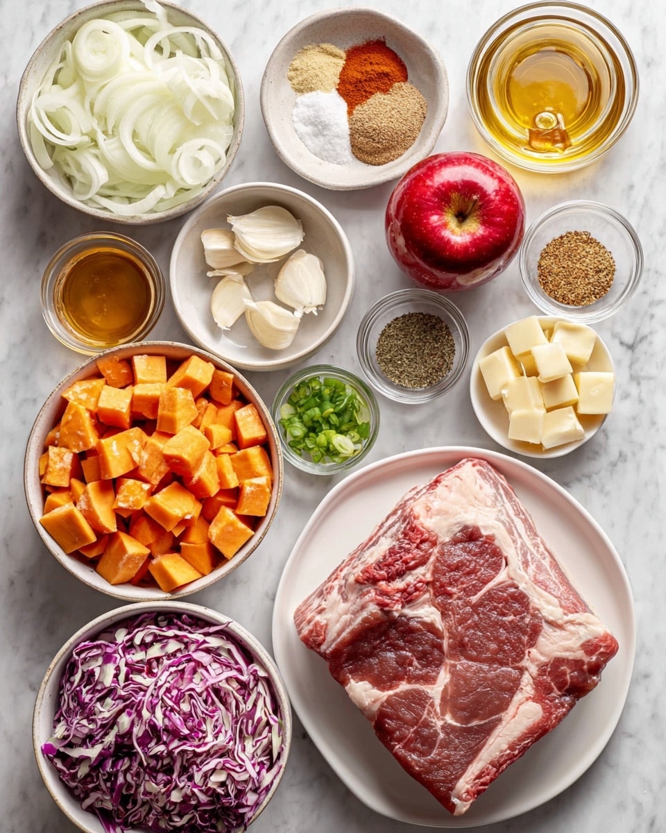 The image shows a collection of ingredients neatly arranged on a white marbled surface. At the center right, a large piece of raw meat with marbled fat rests on a white plate. Surrounding it are various bowls and small dishes: sliced white onions in a bowl at top left, a plate with brown sugar, chopped garlic, salt, black pepper, paprika, and other spices below it, a bowl of chopped sweet potatoes with rich orange chunks at bottom left, and a bowl of shredded cabbage with bits of purple and orange at bottom right. Nearby, a bright red apple and small bowls containing liquids like oil and mustard, chopped green onions, butter cubes, garlic, and water fill the space. The setup is orderly and colorful, highlighting fresh and raw ingredients. photo taken with an iphone --ar 4:5 --v 7