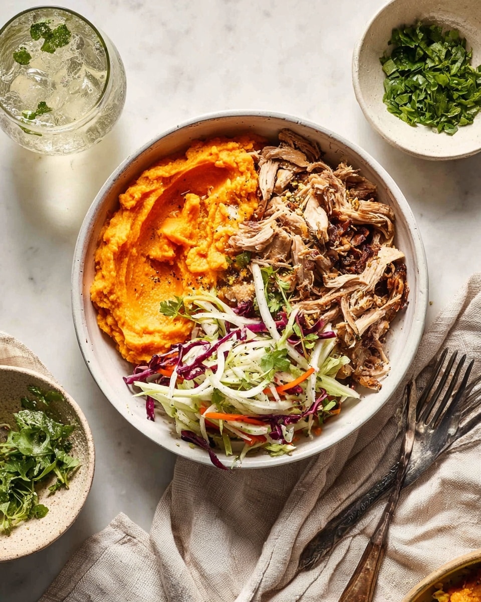 The image shows a bowl with three layers: on the left side, there is a smooth, bright orange mashed layer; on the top right, there is a pile of shredded, brown cooked meat; on the bottom right, there is a fresh salad with thin white, purple, and orange strips mixed with green herbs. The bowl is white and sits on a white marbled surface. Around the bowl, there is a glass of water with ice, a small white bowl filled with chopped green herbs, and some cutlery resting on a light beige cloth. photo taken with an iphone --ar 4:5 --v 7