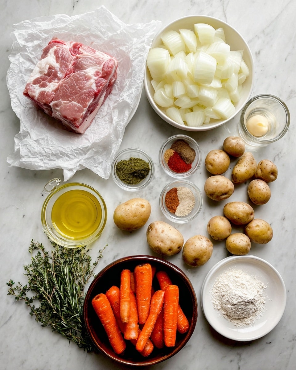 The image shows several ingredients arranged neatly on a white marbled surface. In the middle left, a piece of raw pink pork lies on white crumpled paper. Above it, a white bowl is filled with large chunks of white onion. Next to the onion bowl on the right is a white plate holding four groups of different spices in red, green, and beige colors. Below the spices is a white bowl filled to the top with small round brown potatoes. To the bottom right is a small bunch of green herbs, including rosemary and thyme. At the bottom center is a dark brown bowl overflowing with thick carrot sticks. Near the bottom left, there is a glass of clear yellow cooking oil and a glass of pale yellow liquid, likely broth or juice. Beside the glass on the right is a small white plate with a mound of white powder, probably flour or cornstarch, and a tiny brown bowl with a light brown mustard-like paste. Near the top left are two more small white bowls, one filled with finely chopped white garlic and the other with a pale yellow liquid, likely vinegar or oil. The items are spaced neatly and clearly visible. photo taken with an iphone --ar 4:5 --v 7