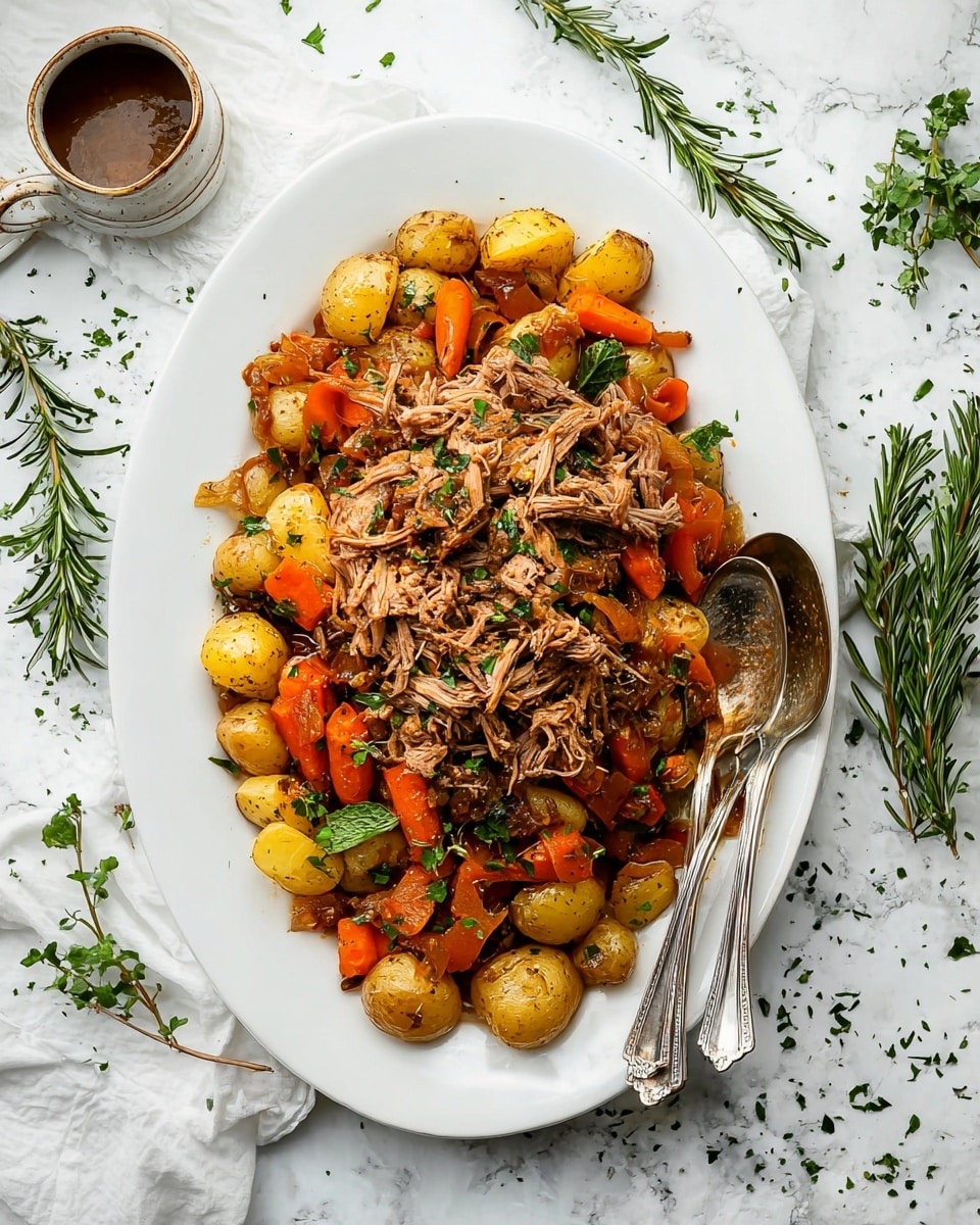 A large white oval plate holds a layered dish starting with a base of whole baby potatoes mixed with chunky pieces of cooked onions and thick carrot sticks, all coated lightly in a brown sauce and sprinkled with fresh herbs. On top of this base, there is a generous mound of shredded cooked meat, seasoned and slightly brown, scattered with small bits of green herbs. The plate is garnished with sprigs of fresh rosemary and thyme. Two shiny silver serving spoons rest on the right side of the plate. The whole scene is set on a white marbled textured surface with a light sprinkle of herbs around, and a ceramic cup holding some sauce nearby. photo taken with an iphone --ar 4:5 --v 7