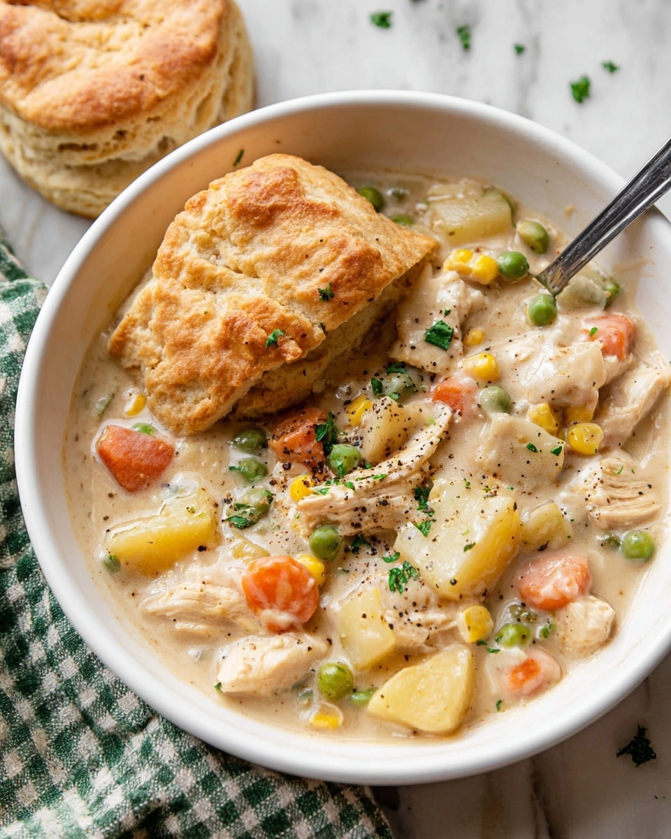 The image shows a bowl of creamy chicken and vegetable stew with a biscuit beside it. The stew is filled with layers of soft, light beige chicken chunks, orange carrot pieces, yellow corn kernels, light yellow potato cubes, and green peas, all mixed in a thick, smooth, off-white creamy sauce sprinkled with black pepper and green herbs. The biscuit is golden brown on top, flaky and layered with a soft, light interior. The bowl is white and round, sitting on a white marbled surface. A silver spoon is placed inside the bowl, and a green and white checkered cloth is partially visible next to it. Photo taken with an iphone --ar 4:5 --v 7