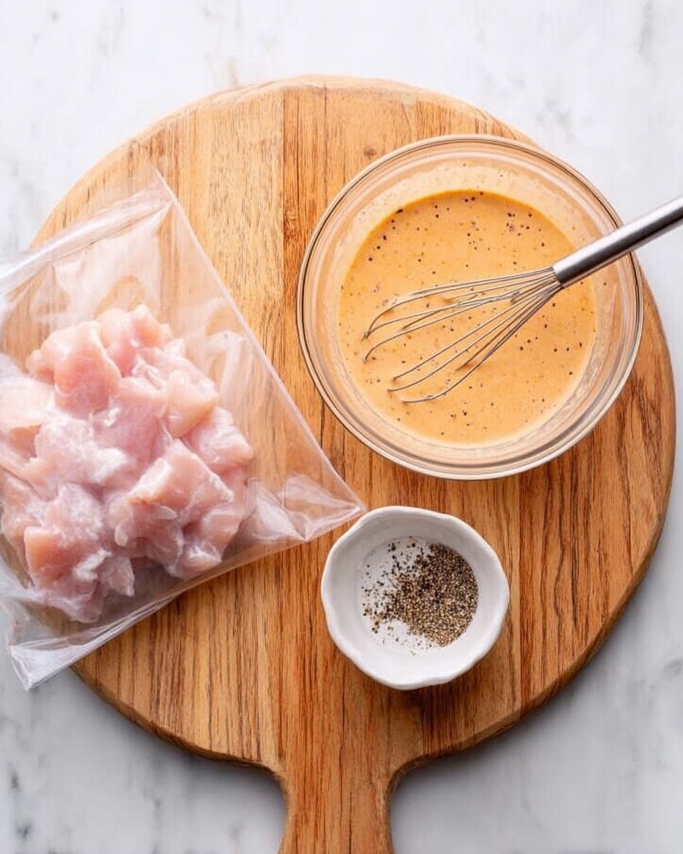The image shows a wooden cutting board placed on a white marbled surface. On the left side of the board, there is a clear plastic bag filled with pieces of light pink raw meat. Next to it, in the center of the board, is a transparent glass bowl containing a creamy orange sauce with black specks inside. A metal whisk is resting in the bowl. In the top right corner of the board, there is a small white bowl filled with coarse black and white pepper. The whole setup is bright and clean. Photo taken with an iphone --ar 4:5 --v 7