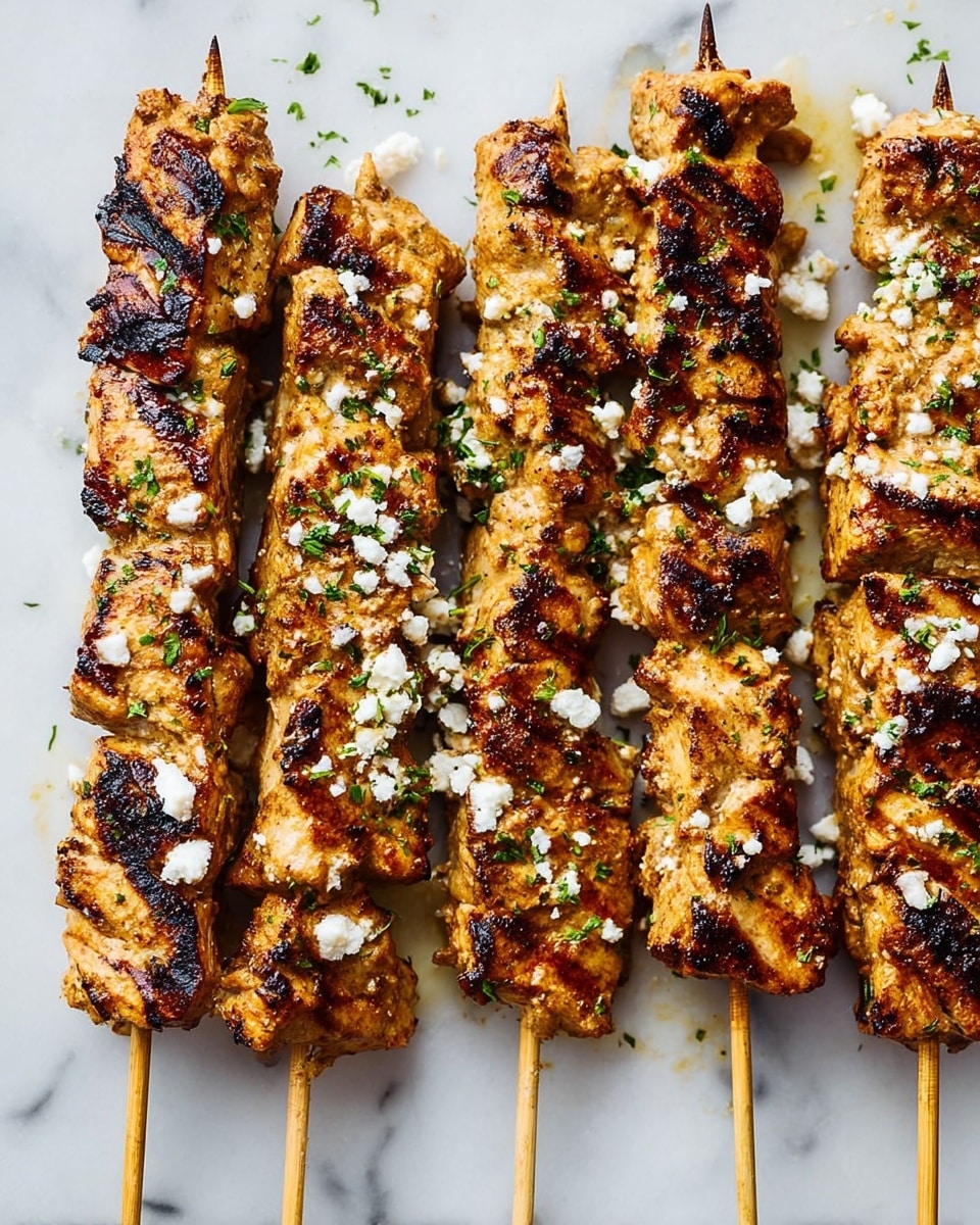 Six skewers of grilled meat, each with multiple chunks of golden brown, slightly charred pieces layered closely on light wooden sticks, placed side by side on a white marbled surface. The meat pieces have a textured, marinated look with visible grill marks and are sprinkled with small bits of white cheese and finely chopped green herbs that add color contrast. The overall appearance is warm and savory with a fresh, rustic touch. Photo taken with an iphone --ar 4:5 --v 7
