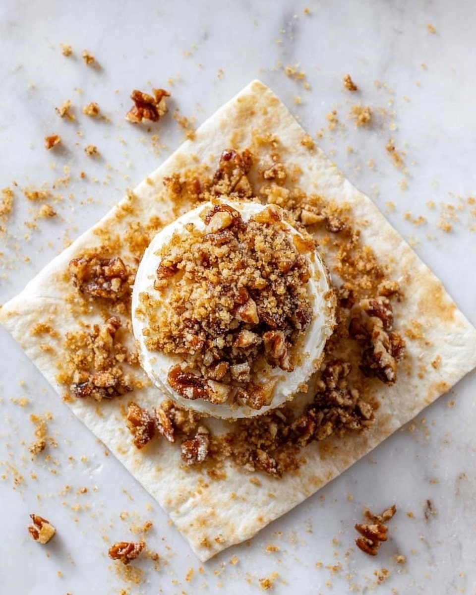 The image shows a white square flatbread laid flat on a white marbled surface, topped with a round ball of soft cream cheese that is smooth and white. This cheese ball is covered by a crumbly, golden brown topping made from crushed nuts and brown sugar, giving it a rough texture. Around the ball are scattered small pieces of the crunchy nut mixture, adding some texture and color contrast to the flatbread. The overall look is simple but inviting, with a mix of soft and crunchy layers. photo taken with an iphone --ar 4:5 --v 7