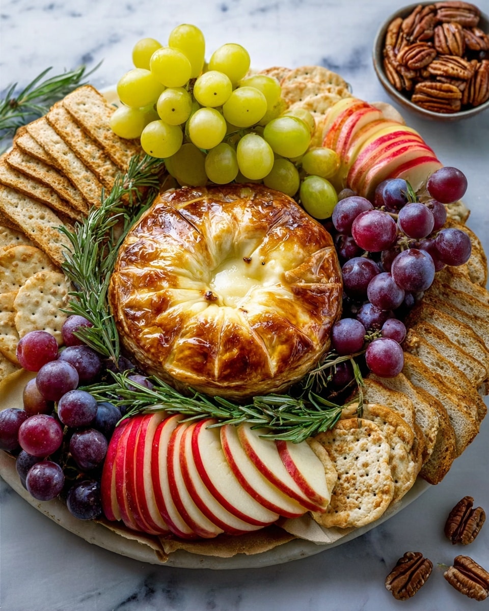 A round platter shows a golden brown baked cheese wrapped in pastry in the center. Surrounding it in a circle are layers of round light brown crackers, round darker crisp crackers, slices of green and red apples with smooth skin, and light brown slices of bread. On top and around these layers, there are bunches of yellow and dark purple grapes and a few sprigs of green rosemary for decoration. Some pecans are placed in a small bowl nearby. The platter is on a white marbled surface. photo taken with an iphone --ar 4:5 --v 7
