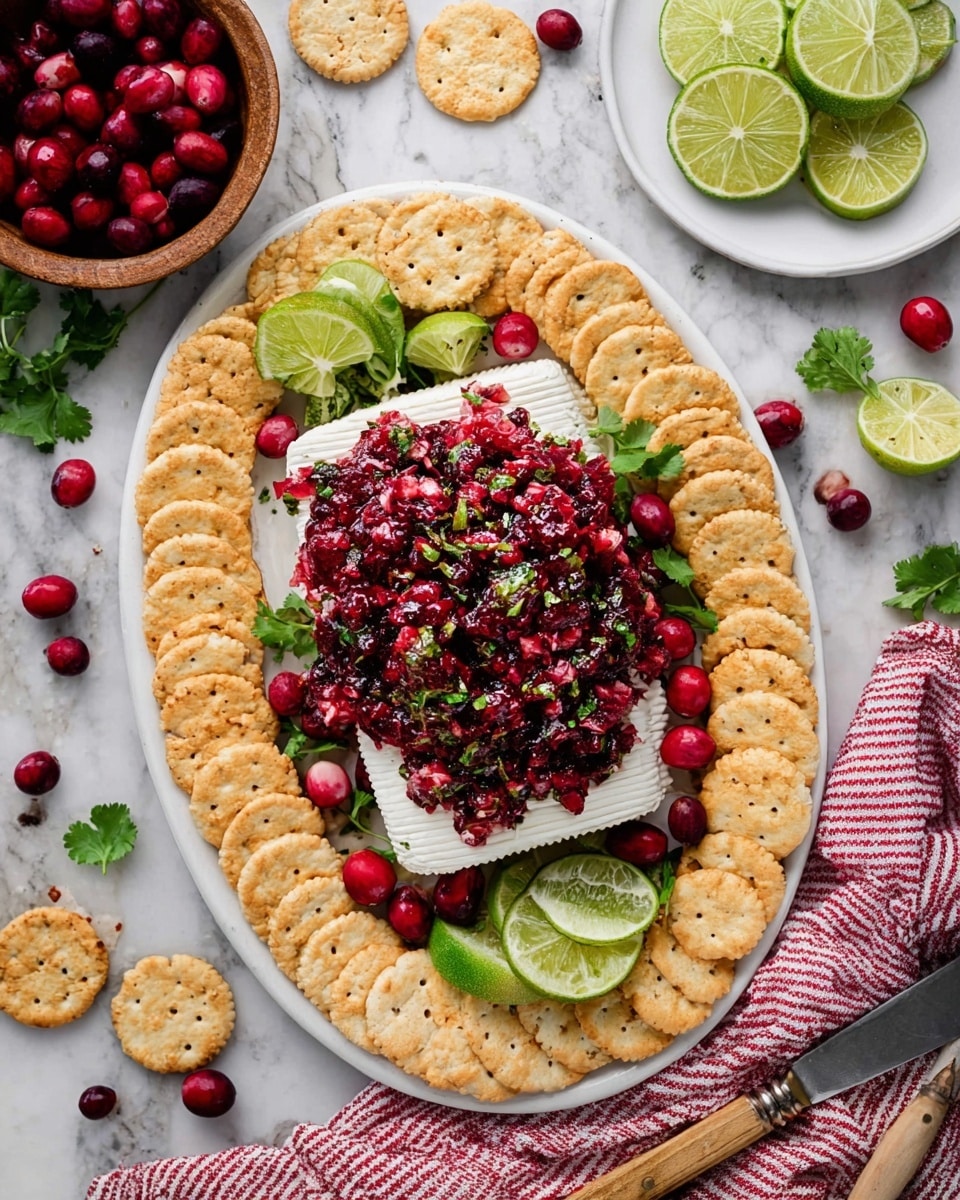 A white oval plate on a white marbled surface holds a block of creamy white cheese in the center, topped with a chunky, bright red cranberry mixture with green herbs mixed in. Around the cheese, there are two rows of round, light golden crackers arranged neatly on the left and right sides. Fresh cilantro leaves and thin slices of cranberries decorate the top and bottom of the cheese, with a lime wedge beside them on the top right corner. Surrounding the plate are a small white plate with cut lime wedges, a wooden bowl filled with halved and whole cranberries, scattered whole cranberries, lime wedges, bright green fresh cilantro leaves, and a knife with a tan handle resting on a red and white striped cloth. Photo taken with an iphone --ar 4:5 --v 7