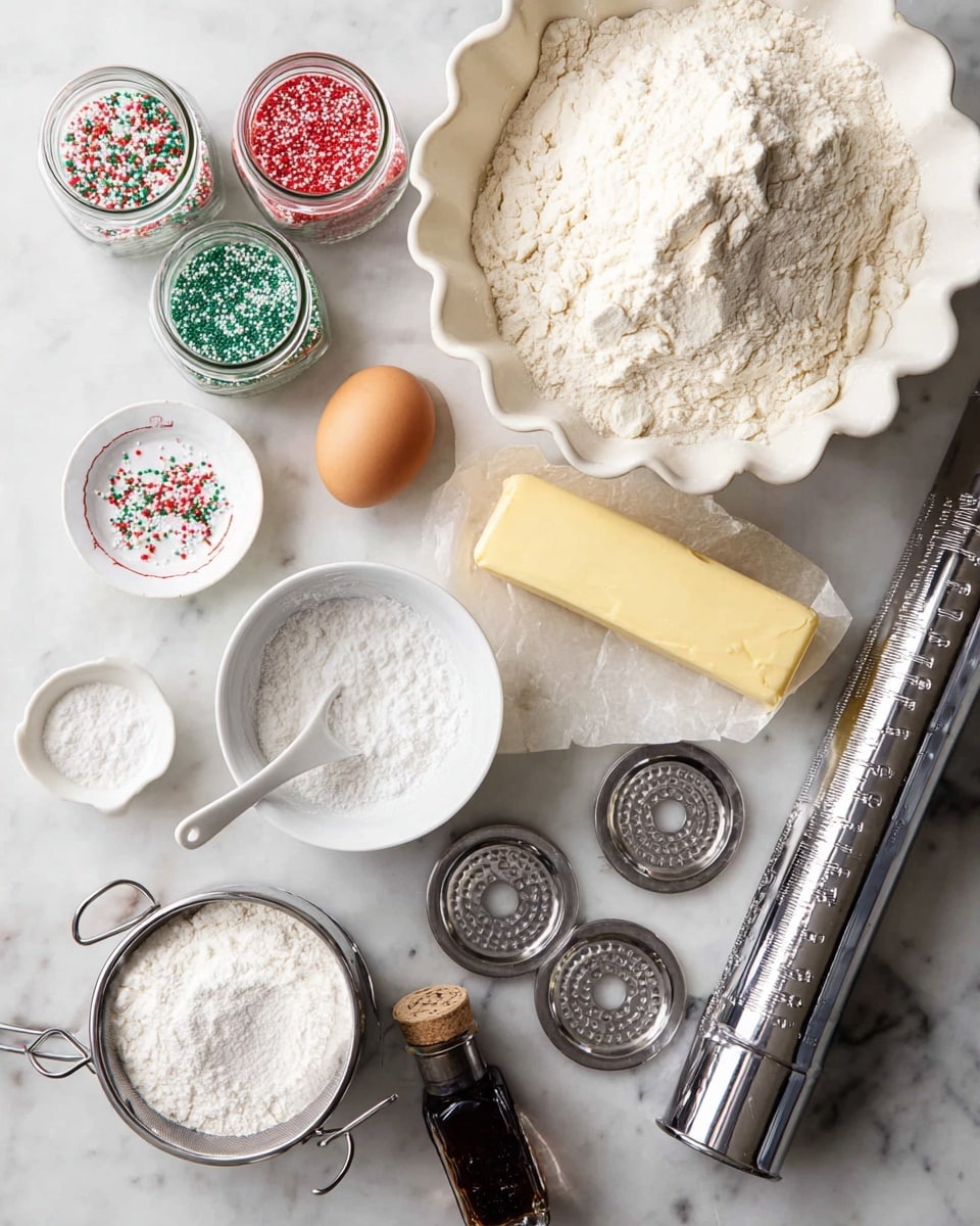 A top view of baking ingredients and tools arranged on a white marbled surface, featuring a large white scalloped bowl filled with white flour at the top right, a stick of butter partially unwrapped with a pale yellow color beside it, a brown egg near the center, and a metal sifter filled with white sugar at the bottom left. Four small glass jars with colorful sprinkles in red, green, and mixed colors are placed near the top left side. A small white bowl with a white measuring spoon contains white baking powder or soda in the middle. A silver metal cookie press with several round metal shaping discs lies horizontally along the bottom right. A small dark brown bottle, possibly vanilla extract, sits near the sugar sifter. The scene is clean and well-lit, with all items clearly visible on the white marbled texture photo taken with an iphone --ar 4:5 --v 7