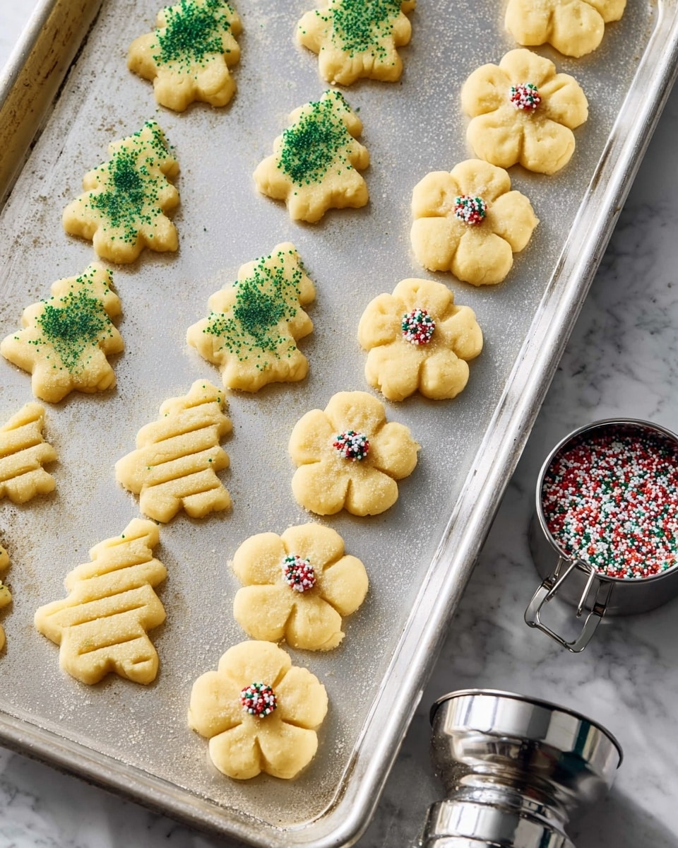 The image shows a baking sheet with two types of unbaked cookies arranged in rows. The first type has three layers: a light yellow base shaped like a Christmas tree with diagonal lines and green sugar sprinkles on top. The second type is a round flower shape made of light yellow dough with scalloped edges and red, green, and white round sprinkles in the center. The baking sheet is silver and has a slightly worn texture. At the bottom right corner, there is a metal cookie press with a shiny surface and a small round bowl containing the same tri-color sprinkles. The background is a white marbled texture. photo taken with an iphone --ar 4:5 --v 7