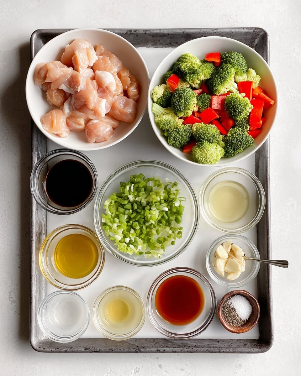 A cooking tray sits on a white marbled surface with several white bowls and small glass containers holding ingredients. At the top left, a white bowl is filled with pale pink raw chicken pieces. Below it, a white bowl holds bright green broccoli florets mixed with red bell pepper pieces. In the center, a small clear glass bowl contains chopped green onions. Surrounding these are small white bowls and glass containers with various liquids and seasonings: light yellow oil, dark brown soy sauce, a reddish sauce, a clear light liquid, minced garlic on a white bowl, and a small glass bowl of salt and black pepper. The arrangement is neat and clear, ready for cooking preparation photo taken with an iphone --ar 4:5 --v 7