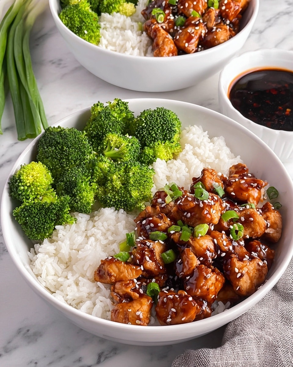 A white bowl filled with a base layer of fluffy white rice, topped on one side with bright green steamed broccoli florets showing a slightly textured surface, and on the other side with chunks of glossy brown chicken coated in a shiny sauce, sprinkled with white sesame seeds and small green pieces of chopped scallions. In the background, another white bowl with the same dish is partially visible, along with a white bowl of dark sauce and fresh green scallions lying on a white marbled surface. photo taken with an iphone --ar 4:5 --v 7