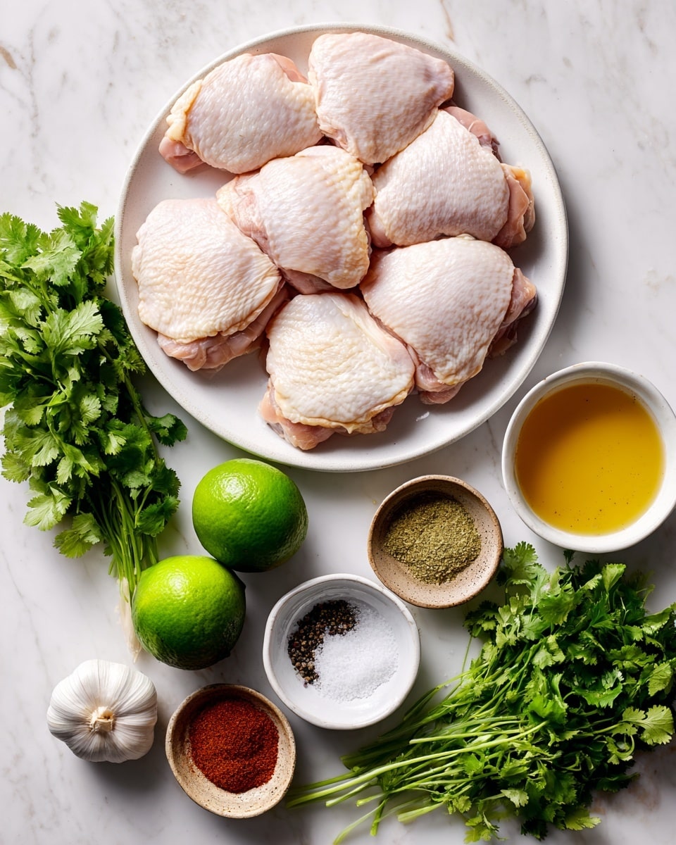 The image shows eight raw chicken thighs with pale pink skin arranged on a white round plate positioned in the upper middle part of the image. Below the plate, there is a bunch of fresh green cilantro with leafy tops and stems extending downwards. To the left of the cilantro, two whole bright green limes are placed side by side. Near the limes, a whole white garlic bulb rests on the surface. Small white bowls hold different spices and liquids: a bowl with chili powder in dark red, a bowl with ground cumin in light brown, a bowl with honey in amber color, and a bowl with golden olive oil. There is also a small brown bowl with coarse salt and black pepper mixed in two halves. All these ingredients are organized on a white marbled surface. photo taken with an iphone --ar 4:5 --v 7