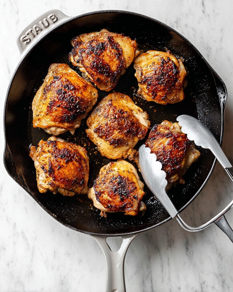 A black cast iron pan sits on a white marbled surface, holding six pieces of cooked chicken thighs with browned, slightly crispy skin showing dark golden and light brown patches. The chicken pieces are arranged evenly in the pan, each piece having a rough, textured surface from the cooking. On the right side, a pair of silver tongs with gray tips is lifting one chicken piece, showing its browned outer layer. The pan handle is light gray with the word
