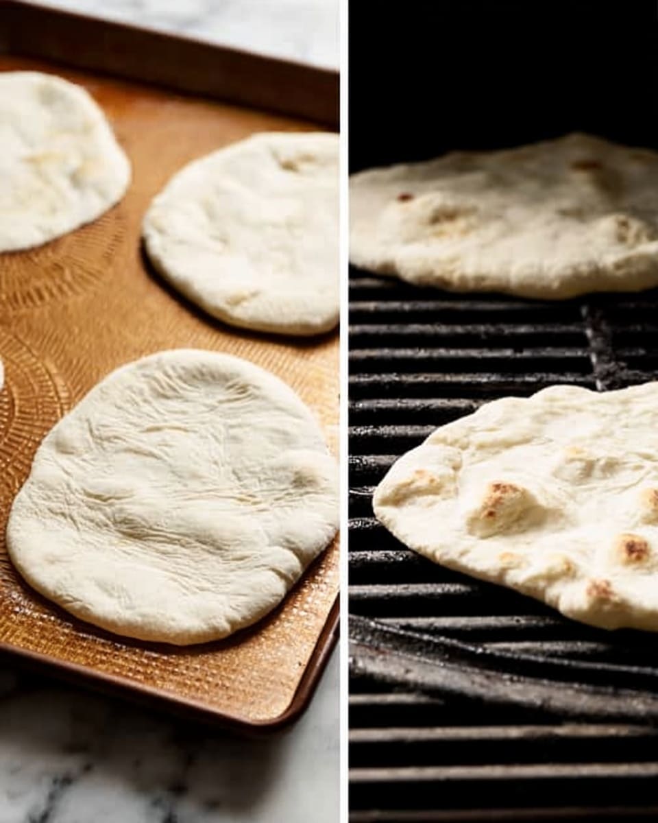 The image shows two stages of making flatbread. On the left side, there are four flatbread dough rounds placed on a bronze-colored baking sheet with a textured surface; the dough is pale with a slightly uneven surface, and the rounds have irregular edges. On the right side, two flatbread pieces are cooking on a dark grill with black grates; the bread looks soft and puffy with some browning in the center and small bubbles on the surface. The background is dark behind the grill, and the left part sits on a white marbled surface. photo taken with an iphone --ar 4:5 --v 7