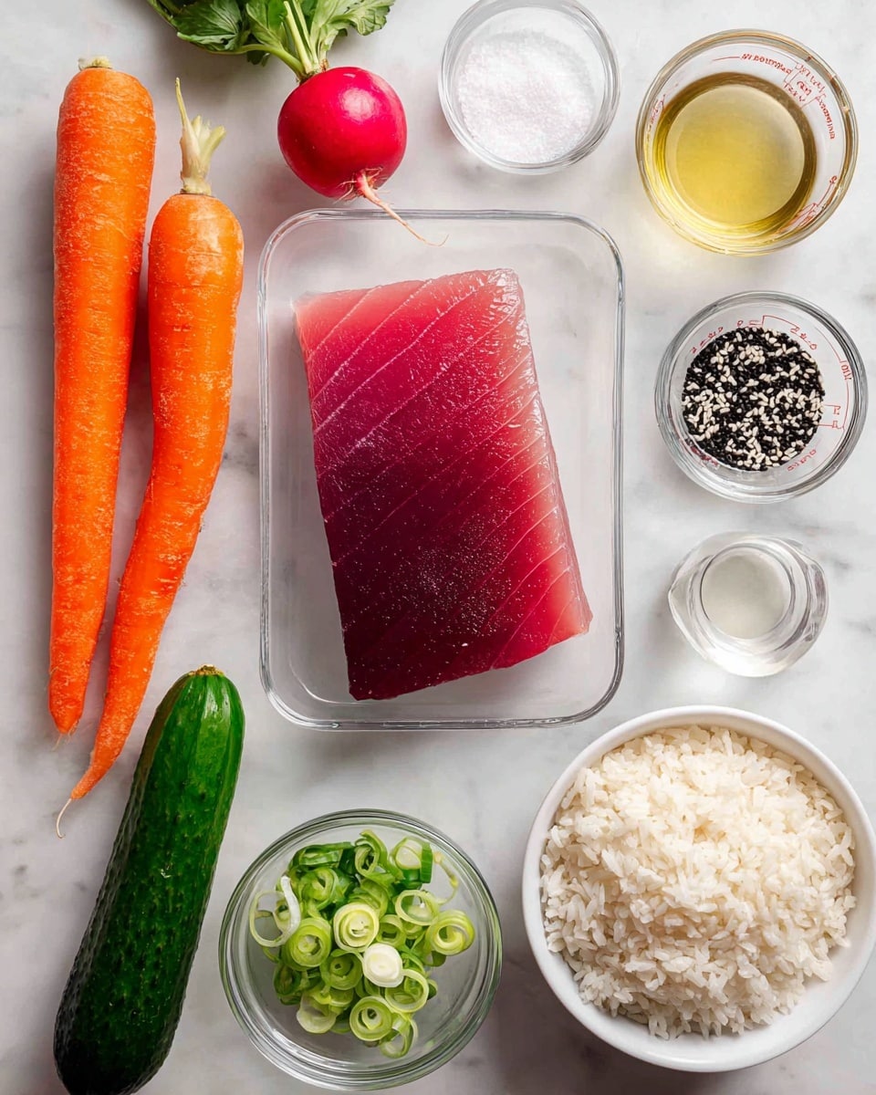 The image shows various fresh ingredients for sushi arranged neatly on a white marbled background. In the center, there is a clear white tray holding a thick, dark red piece of sashimi-grade tuna with a smooth texture. To the left of the tuna, a whole bright orange carrot, a red radish with a few green leaves, and a small, smooth green cucumber lie side by side. Below these vegetables, there is a small clear white bowl filled with thinly sliced green onions. To the right of the tuna, a small pile of black sesame seeds is placed near a medium-sized clear white round bowl filled with off-white sushi rice that has a slightly grainy texture. Above the rice bowl, there is a small glass container of sugar, a small glass container of salt, and a clear measuring cup with a light yellow liquid of rice vinegar. The overall setup is clean, colorful, and visually balanced. Photo taken with an iphone --ar 4:5 --v 7