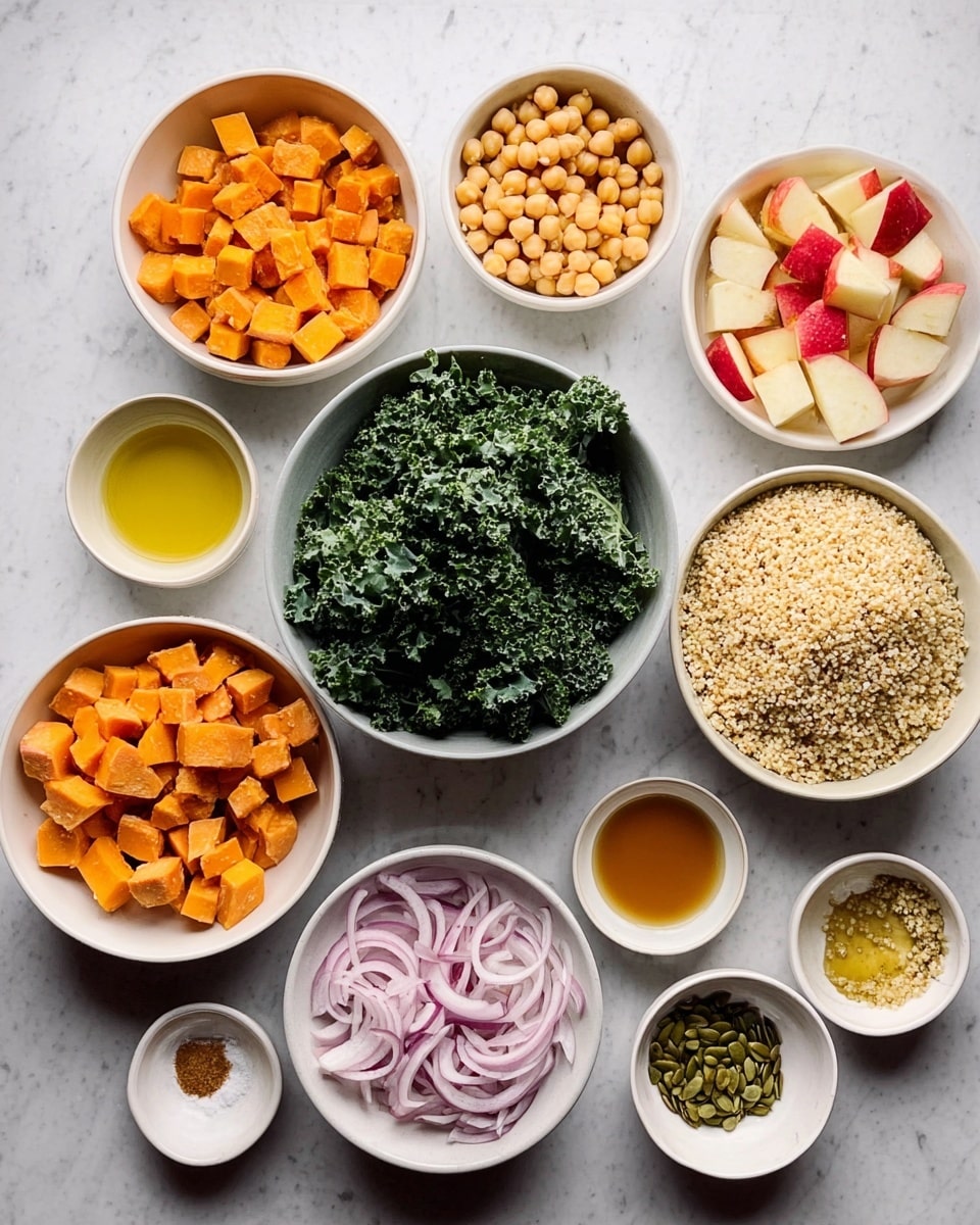 The image shows several white bowls arranged on a white marbled surface, each filled with different ingredients. There is a bowl of cubed orange sweet potatoes in the bottom left, next to a bowl of fresh green kale leaves. Above the kale, there is a bowl of round pale yellow chickpeas, and to the right of it, a bowl filled with small red and white apple chunks. Next to the apple bowl is a bowl filled with cooked beige quinoa. Around these main bowls, smaller white bowls hold various ingredients like sliced red onions, minced garlic, honey-like liquid, yellow mustard, a light brown liquid, green pumpkin seeds, and small amounts of different spices including paprikas, salt, and powdery spice. Photo taken with an iphone --ar 4:5 --v 7