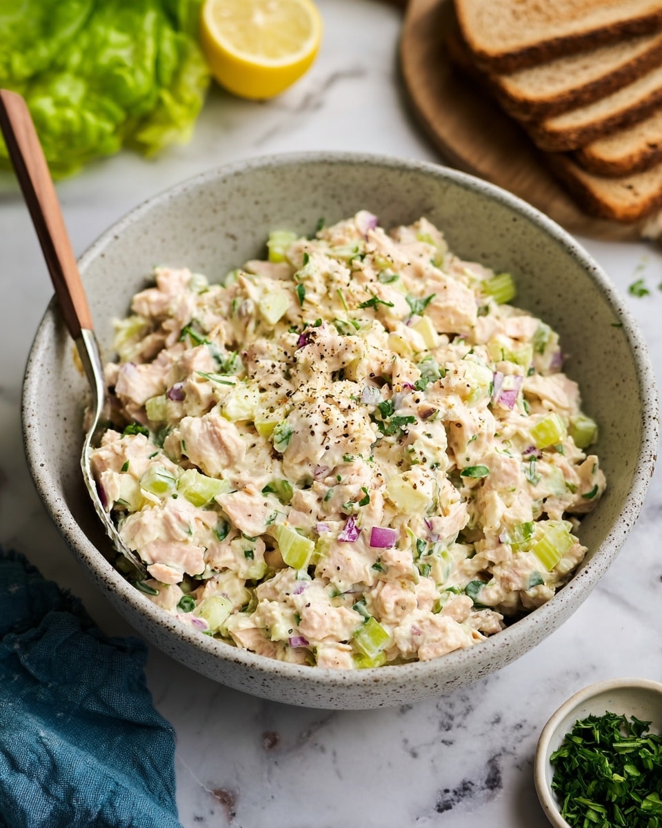 A large light gray speckled bowl filled with a creamy mixture that has small pieces of pale pink fish, chopped green celery, purple onion, and bits of green herbs evenly mixed throughout. The mixture has a soft, chunky texture with some black pepper sprinkled on top. A spoon with a light brown wooden handle rests inside the bowl on the left side. In the background, there are stacked slices of brown toast on a white marbled surface, some leafy green lettuce, and a half lemon on a wooden board. A small bowl of chopped green herbs is at the bottom right, and a blue cloth is partially visible at the bottom left. The photo taken with an iphone --ar 4:5 --v 7