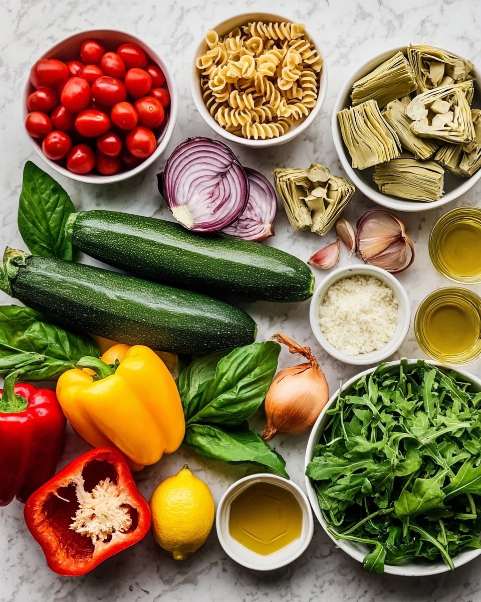 A collection of fresh ingredients is neatly arranged on a white marbled surface. In the center, there are two zucchinis, one whole dark green and one sliced to show a light green inside, placed next to dark green basil leaves. Below that are bright yellow and red bell peppers, one red pepper cut in half showing the inside seeds. Above the peppers, there are quartered red onions and a small brown shallot beside whole garlic cloves. To the top left, a white bowl filled with red cherry tomato halves is placed next to another white bowl containing light tan spiral pasta. To the top right, a white bowl holds sliced artichoke hearts with two small glasses of amber liquid nearby. On the right side, a white bowl is filled with green arugula leaves, with a smaller white bowl of grated cheese and a white bowl of golden olive oil in front. A half lemon with light yellow flesh sits near the basil photo taken with an iphone --ar 4:5 --v 7