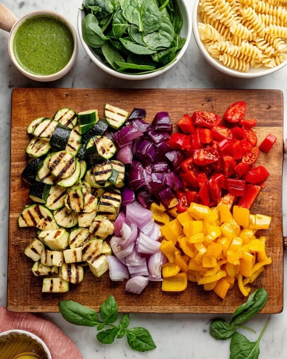 A wooden board displays four groups of grilled vegetables arranged in neat sections: light green zucchini pieces with dark grill marks on the left, purple chopped onions next to them, red bell pepper chunks with slight char marks on the top right, and bright yellow bell pepper pieces with grill lines on the bottom right. The board rests on a white marbled surface with fresh basil leaves nearby. Around the board, there are a white bowl with green sauce on the left, a white bowl filled with fresh spinach above, a white bowl of halved cherry tomatoes on the right, and a bowl of uncooked spiral pasta in the top left corner. Photo taken with an iphone --ar 4:5 --v 7
