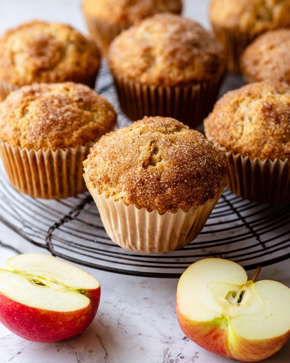 A close-up view of seven golden brown muffins with a textured sugary top, arranged on a round black wire cooling rack. One muffin is in the front center with its light brown paper wrapper peeled down around its base, showing the muffin’s slightly uneven surface and crumbly texture. Below the rack, two apple halves with red skin and yellow flesh are placed on a white marbled surface. The scene focuses on warm tones of the muffins and fresh sharp detail on the apples. Photo taken with an iphone --ar 4:5 --v 7