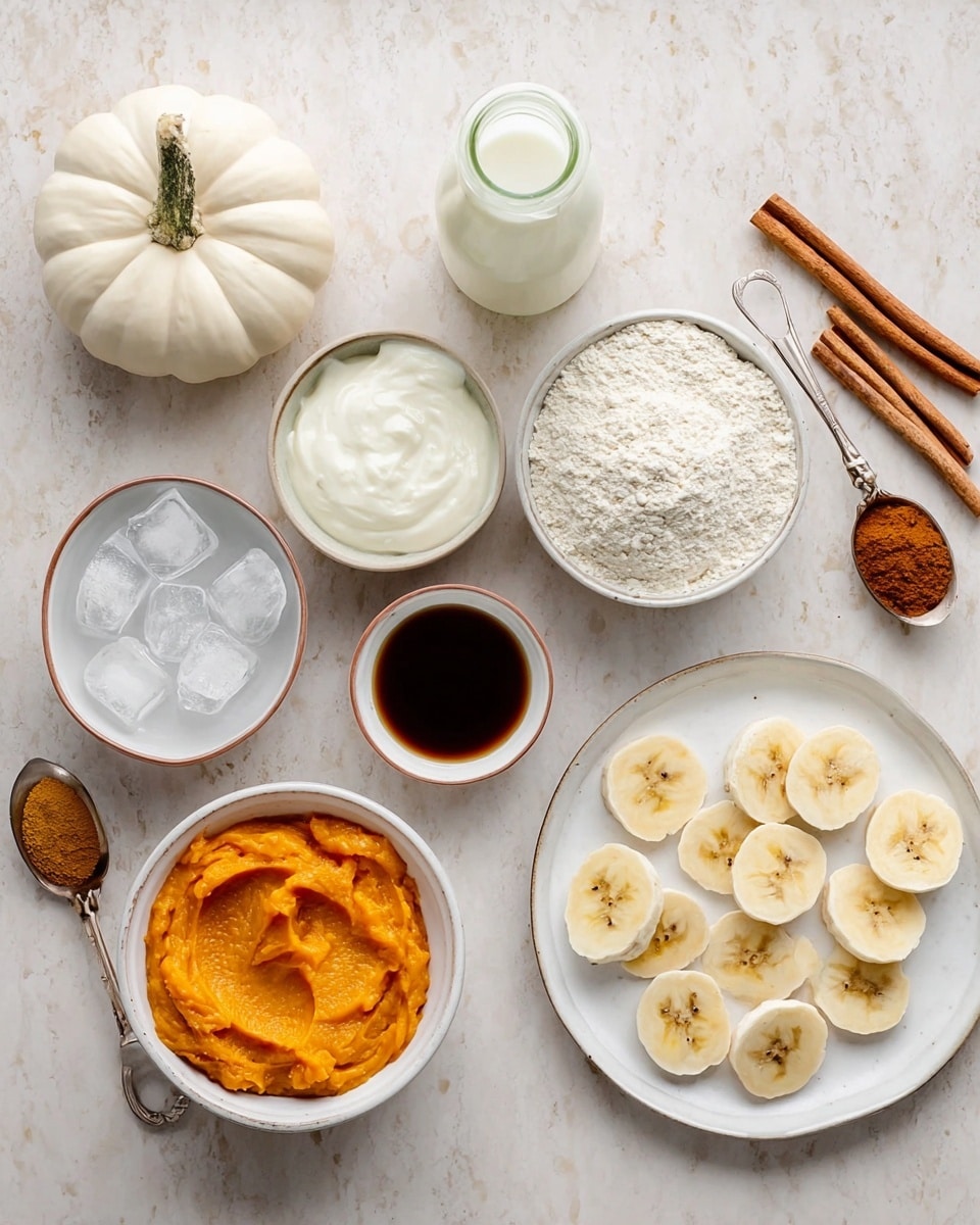 The image shows an overhead view of ingredients arranged on a white marbled surface. Starting from the top left, there is a small white pumpkin with a green stem, followed by a glass bottle filled with white milk. Below that is a small white bowl filled with creamy white yogurt next to a bowl of pale yellow flour. To the right of the flour is a small white bowl with dark brown vanilla extract. Below that is a white bowl filled with bright orange pumpkin puree. Next to the puree is a small white bowl filled with clear ice cubes. To the upper right of the ice is a white plate holding several round, pale yellow banana slices with small brown seeds at the center. Around the ingredients are a few cinnamon sticks and measuring spoons with cinnamon powder. The photo is taken with an iphone --ar 4:5 --v 7