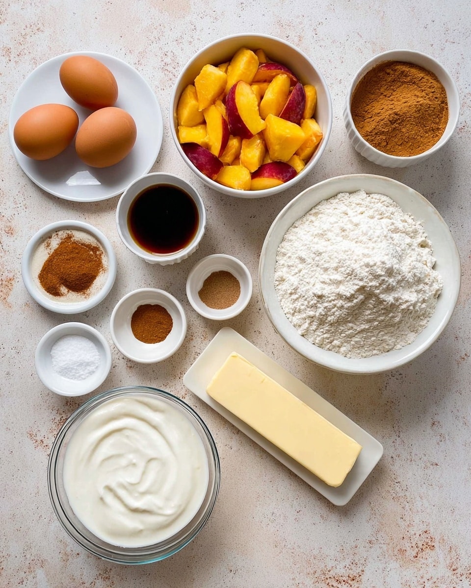 The image shows various ingredients neatly arranged on a white marbled surface. There are two brown eggs on a small white plate, next to a small white bowl of dark vanilla extract. Above is a white bowl filled with chopped yellow and red peaches. To the right is a small white bowl with brown sugar topped with cinnamon. A large white bowl on the right is filled with white flour. In the center is a white bowl full of white sugar. Below the sugar is a rectangular stick of unsalted butter wrapped in yellow paper. To the left of the sugar are two smaller white dishes, one holding baking soda and the other salt. Below them is a small white dish with cinnamon powder. A clear glass bowl with thick white yogurt is between the cinnamon and sugar. The photo taken with an iphone --ar 4:5 --v 7