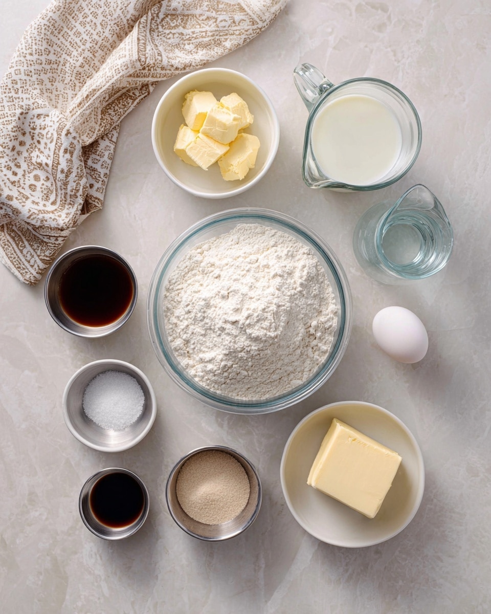 A top-down view shows ingredients laid out on a white marbled surface, including a large clear bowl filled with white flour in the center. Above it, a small white bowl contains soft yellow butter. To the right, a clear glass jug holds white milk and below it, another clear jug is filled with water. Below the flour bowl, a white bowl has a short slab of pale yellow butter, next to a single white egg. Small metallic bowls below show white salt and light brown yeast. A small white bowl holds a dark liquid, likely vanilla or syrup. A beige and white patterned cloth is draped on the upper left side. Photo taken with an iphone --ar 4:5 --v 7