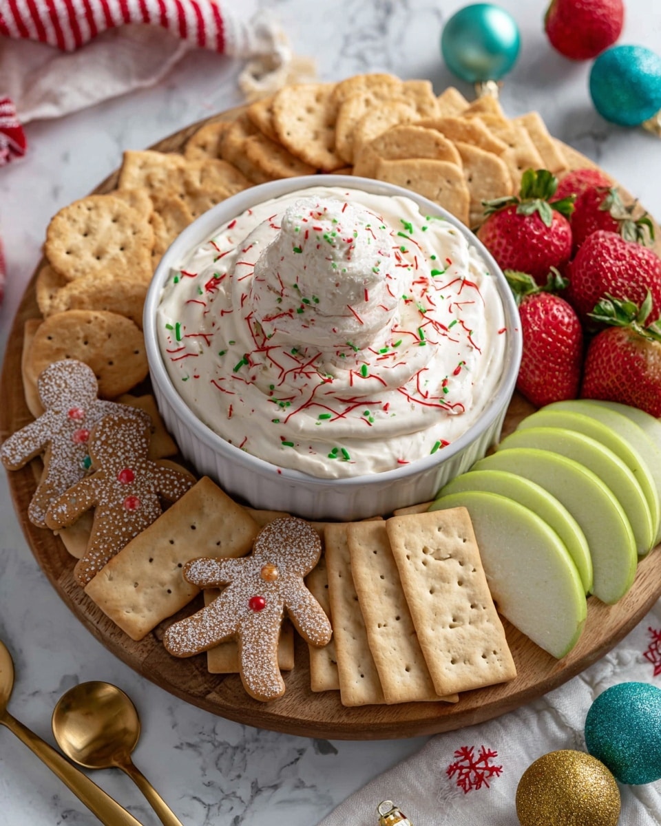 A round white bowl in the center filled with creamy white dip, sprinkled with small red and green round sprinkles, and topped with a white layered decoration that has red drizzle on it. Around the bowl, there are five main sections on a wooden board: gingerbread men cookies with sugar crystals, round pale yellow vanilla wafer cookies, rectangular light beige crackers with holes, sliced green apples, and halved red strawberries with green tops. The wooden board sits on a white marbled surface with two golden spoons and festive red, green, and blue ornaments nearby. Photo taken with an iphone --ar 4:5 --v 7