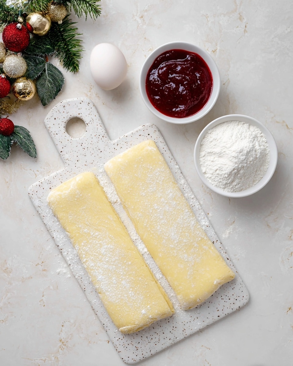 The image shows two long rectangular sheets of light yellow dough dusted lightly with flour, placed on a white speckled cutting board with a round hole handle on the left side. Above the board, there is one white egg positioned next to the dough on a white marbled surface. To the right of the egg are two small white bowls: one filled with bright red jam, glossy and smooth in texture, and the other filled with white powdered sugar that looks fine and powdery. In the top left corner, some green leaves with small red, gold, and shiny Christmas ornaments peek into the frame, all set on a white marbled background. photo taken with an iphone --ar 4:5 --v 7