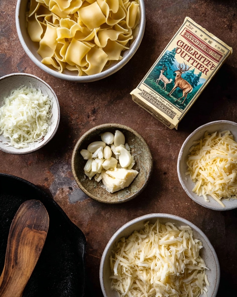 The image shows several small white bowls arranged on a brown textured surface with a wooden spoon in a black cast iron pan at the bottom left. Starting from the top, there is a bowl full of wide flat pasta pieces, next to it on the right is a box of salted butter with a deer illustration on the packaging. Below the butter box, there is a small rustic bowl filled with chopped garlic. To the left of that is a small white bowl with shredded white cheese, and further left is another bowl filled with finely chopped white onion. At the bottom right, a larger white bowl holds shredded pale yellow cheese. The scene has a cozy, homely kitchen vibe with a focus on basic cooking ingredients. photo taken with an iphone --ar 4:5 --v 7