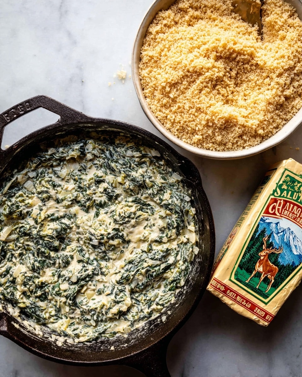 The image shows a black cast iron skillet filled with creamy spinach dip that has a pale green and white mixture with visible spinach leaves and bits of onion evenly spread throughout. Above it, there is a white bowl containing a thick, golden brown crumbly mixture, likely toasted breadcrumbs, with a rough texture and small pieces scattered inside. To the right of the skillet, there is a rectangular package of salted butter with a colored label featuring a deer and mountainous scenery. All items rest on a white marbled surface that contrasts softly with the colors in the food and butter package. Photo taken with an iphone --ar 4:5 --v 7