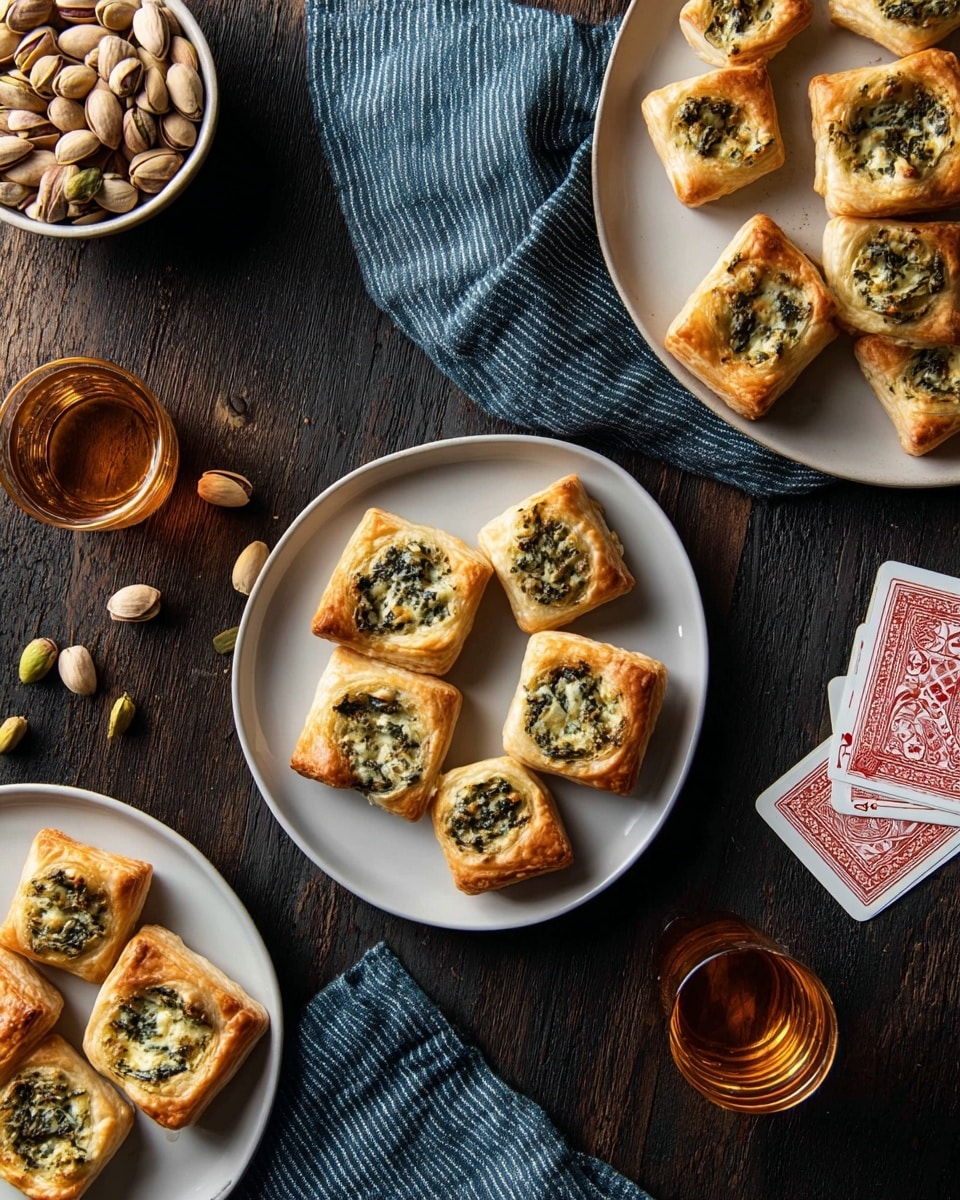 A top view of small square pastries with a light golden crust and a creamy green and white spinach and cheese filling in the center, placed on three white round plates. The plates are arranged on a dark wooden textured surface. Around the plates, there is a bowl of pistachios, two glasses of amber-colored drink, a stack of playing cards showing hearts, and a striped blue and white cloth napkin. The pastries show a soft, flaky texture with slightly puffed edges. photo taken with an iphone --ar 4:5 --v 7