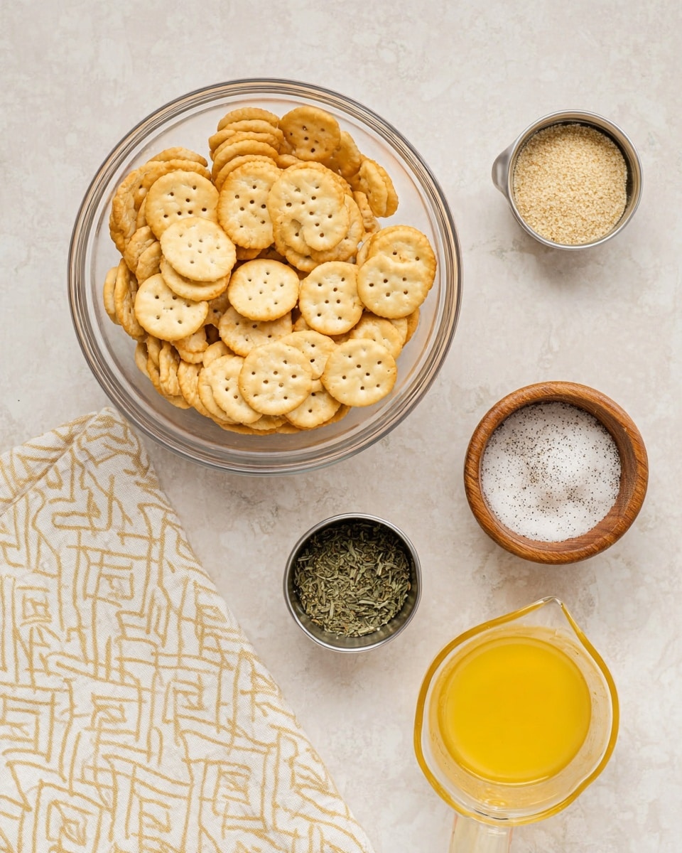 A clear glass bowl filled with small, round sandwich crackers with a light golden color and visible holes on top sits in the center above a white marbled surface. Surrounding the bowl are four small containers: a small metal cup with dried green herbs on the bottom left, a small metal cup with light brown granules in the middle, a small wooden bowl holding a white powdery seasoning with black specks on the top right, and a glass measuring cup with melted yellow butter on the bottom right. A white napkin with a beige geometric pattern is folded neatly on the bottom left corner. photo taken with an iphone --ar 4:5 --v 7