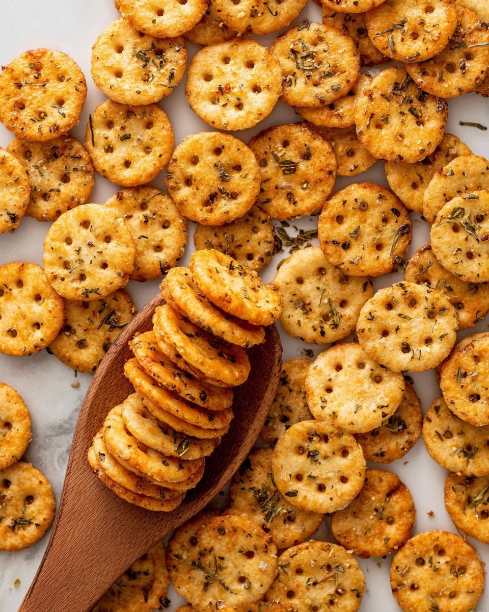 The image shows many small, round, light golden crackers scattered on a white marbled surface. Each cracker is sprinkled with various spices and herbs, giving them a speckled look with green and brown bits. A wooden spoon filled with these seasoned crackers rests in the middle, slightly lifting a stack of them. The crackers have a textured, slightly rough surface with small holes arranged in a circle. The overall look is warm and crispy, with the seasoning adding visual interest. Photo taken with an iphone --ar 4:5 --v 7