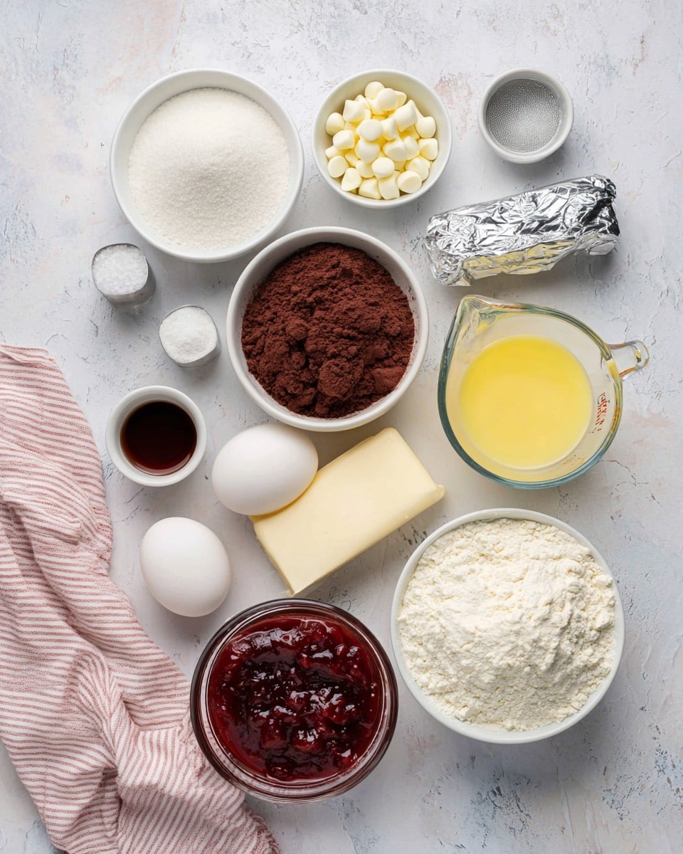 A top-down view of various baking ingredients arranged neatly on a light-colored textured surface, with a white marbled texture visible underneath. There are five white bowls: one filled with granulated sugar, one with flour, one with dark brown cocoa powder, one with white chocolate chips, and one with thick red jam. A glass measuring cup contains melted yellow butter, and two white eggs sit between the butter and the jam. A silver foil-wrapped block of butter lies next to the cocoa powder bowl. Two small silver containers hold white salt and a dark liquid, and a small white bowl contains fine white sugar. A white and pink striped cloth is placed in the bottom left corner of the image. The photo taken with an iphone --ar 4:5 --v 7