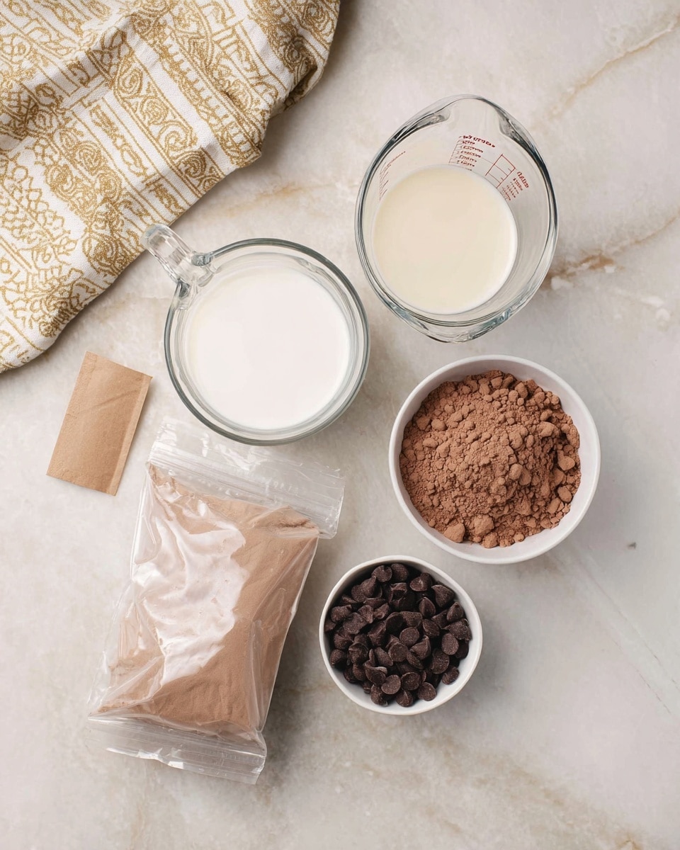 A top view shows five items placed on a white marbled surface: a clear glass measuring cup with white milk, another smaller clear glass measuring cup with a light creamy liquid, a small white bowl filled with dark brown chocolate chips, a sealed clear plastic bag holding light brown cocoa powder, and a small brown paper packet. A cream and beige patterned cloth is partially visible in the top left corner. photo taken with an iphone --ar 4:5 --v 7