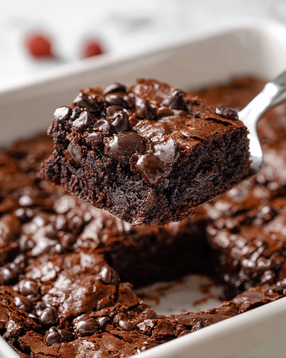 A square piece of thick, dark brown chocolate brownie with a shiny, slightly crinkled top layer covered in many dark chocolate chips is being lifted on a spatula from a white square baking dish filled with more brownies; the brownie’s texture looks soft and moist inside with a slight crust around the edges, and the background shows the white marbled surface. photo taken with an iphone --ar 4:5 --v 7