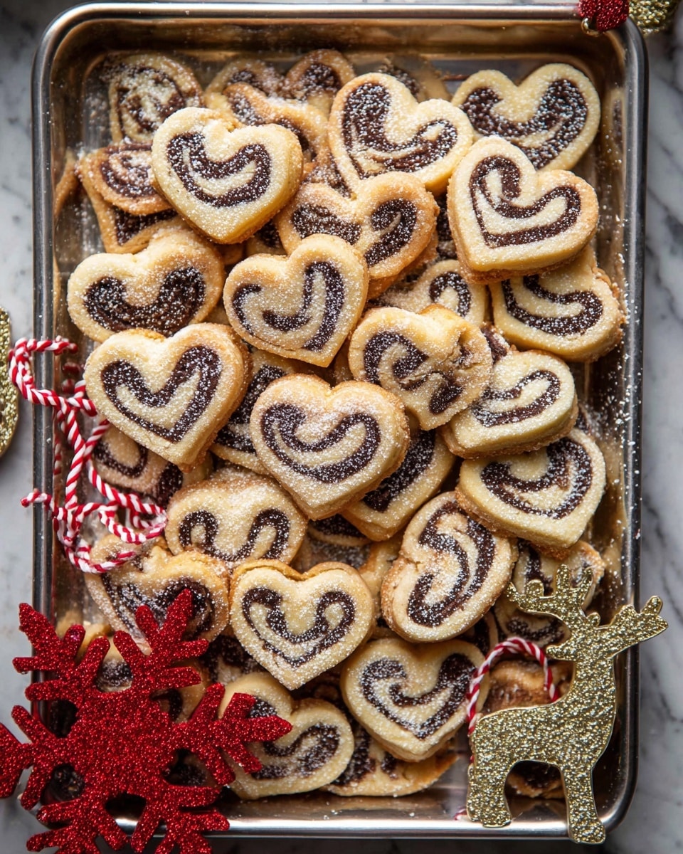 The image shows a silver metal tray filled with many heart-shaped cookies, each with two visible spiral layers of dark brown and light golden-brown dough, dusted lightly with powdered sugar giving a soft sparkle on top. The cookies are stacked unevenly, some overlapping, covering the entire tray. Mixed among them are small Christmas decorations, including red and white striped string and gold glittered reindeer shapes, and a red snowflake ornament in the lower left corner. The background is a white marbled surface. photo taken with an iphone --ar 4:5 --v 7