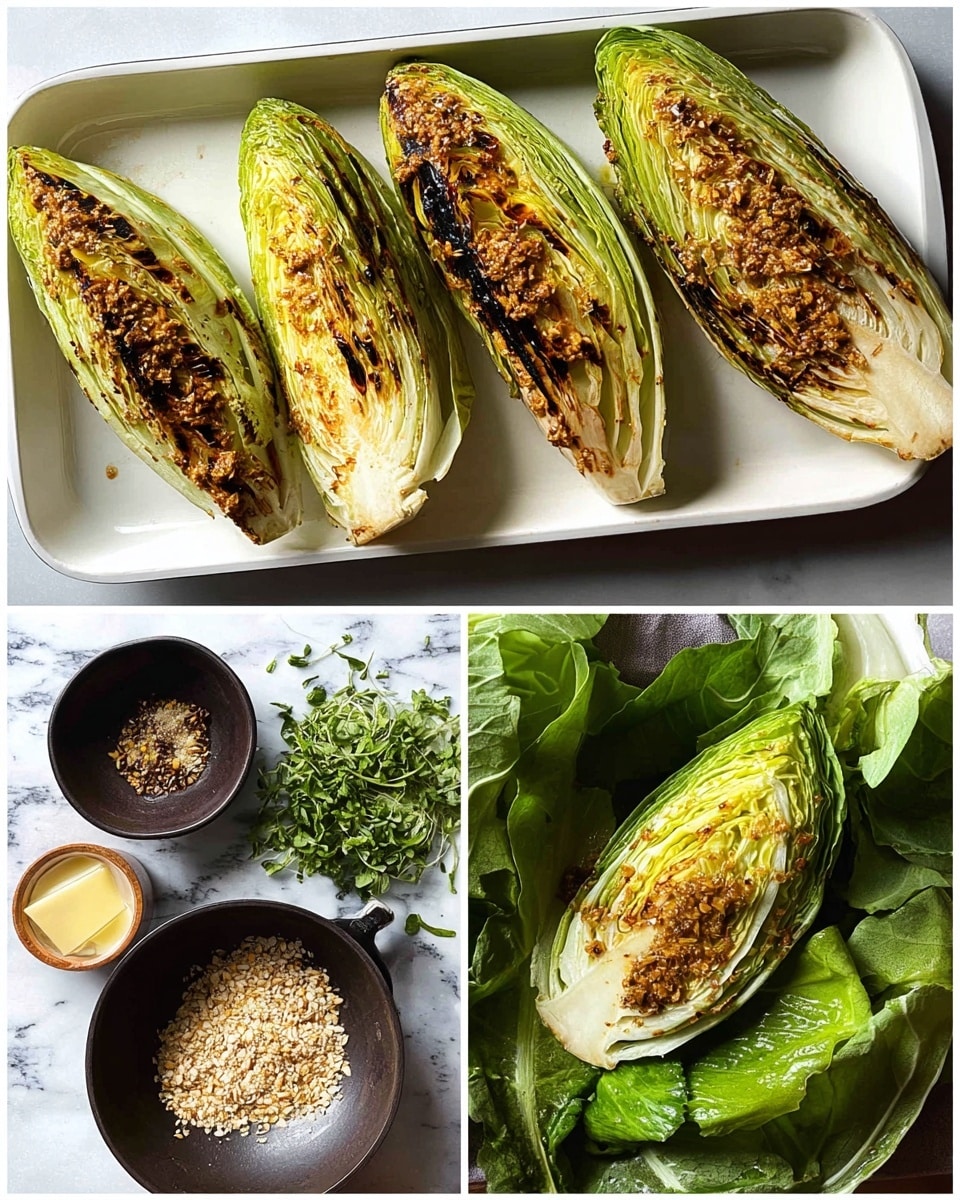The image shows a dish made with four wedge-shaped pieces of grilled cabbage placed on a white rectangular tray. Each cabbage wedge has layers of light green to white leaves with a charred, golden-brown crust on top, giving a smoky, crispy look, while the bottom part remains fresh and green. The cabbage wedges are resting on a bed of whole green cabbage leaves at the bottom of the tray, which adds a fresh contrast. The surface under the tray is a white marbled texture. In addition, there are cooking ingredients shown on the side, including a full green cabbage head, fresh green herbs, a bowl of oats or grain, and a dark bowl with butter and spices, along with a close-up of toasted crumbs in a skillet. Photo taken with an iphone --ar 4:5 --v 7