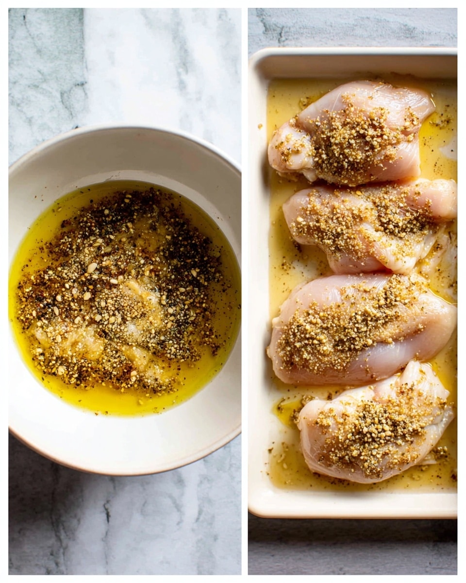 The image shows two side-by-side sections: on the left, a white bowl holds a mixture of yellow oil, minced garlic, and black pepper, where the textures vary between smooth oil and coarse spice bits, layered unevenly across the surface. On the right, a white baking tray contains four raw chicken pieces spread out evenly, each topped with a layer of grainy mustard sauce that is light brown and textured with mustard seeds, and the tray has some sauce pooled beneath the chicken on a white marbled surface. photo taken with an iphone --ar 4:5 --v 7